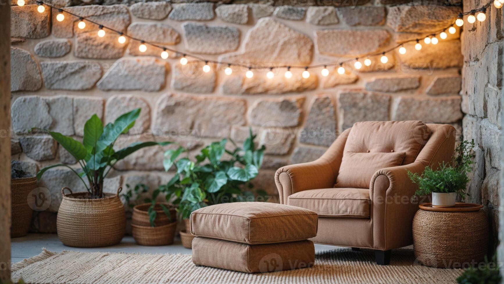 Cozy Rustic Seating Area with Stone Wall and String Lights photo