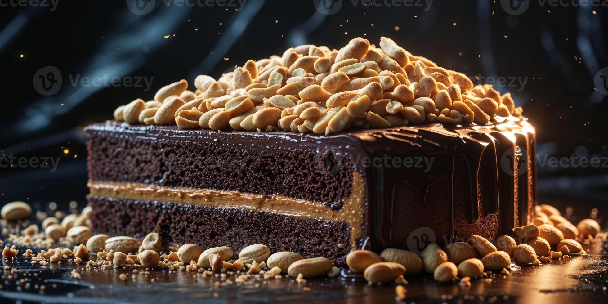 A piece of chocolate cake with peanuts on top photo
