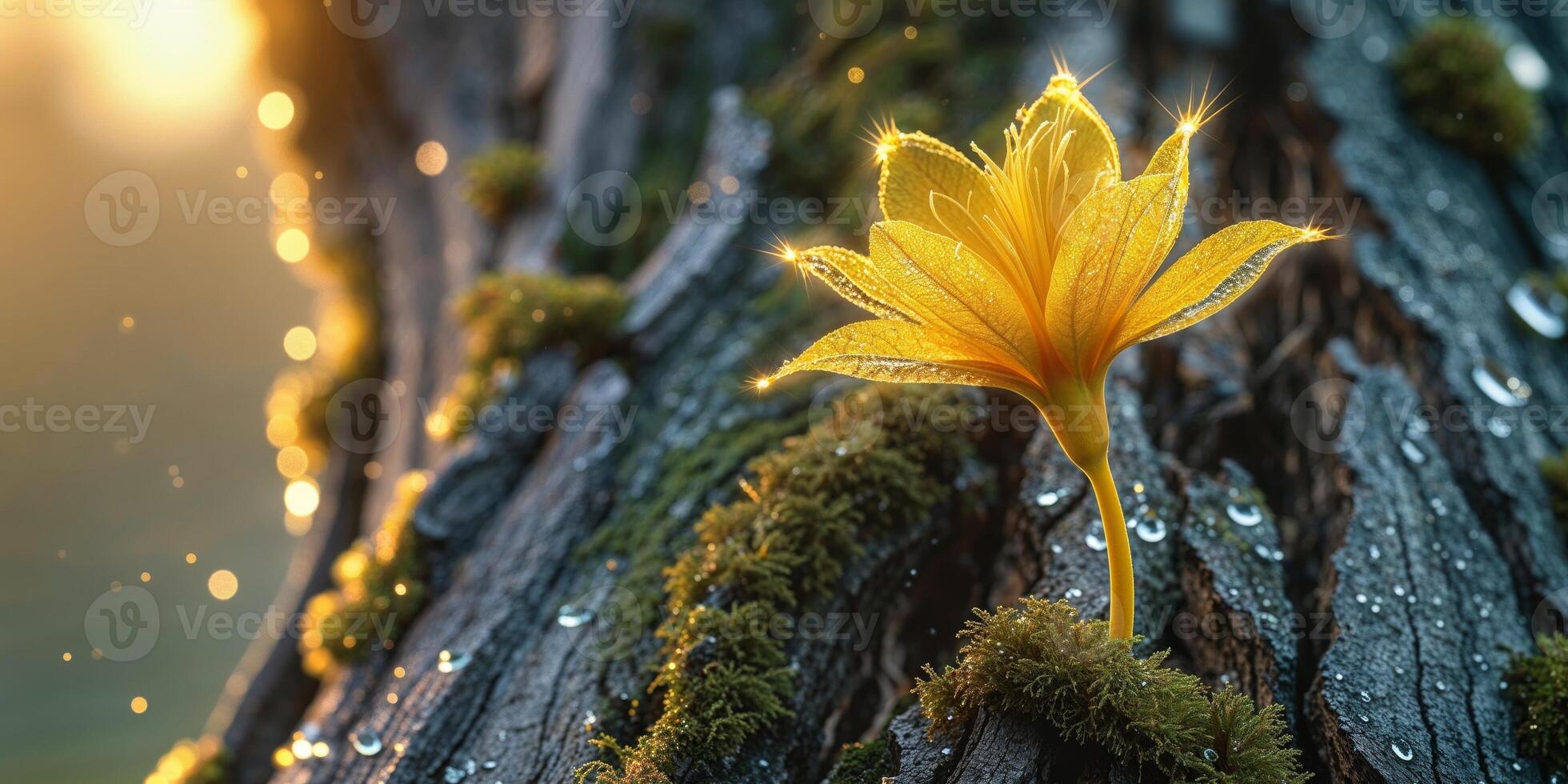 A yellow flower is growing on a tree trunk photo
