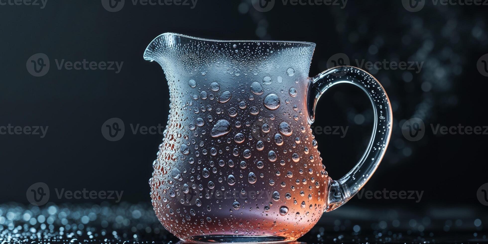 A pitcher of water with water droplets on the surface photo