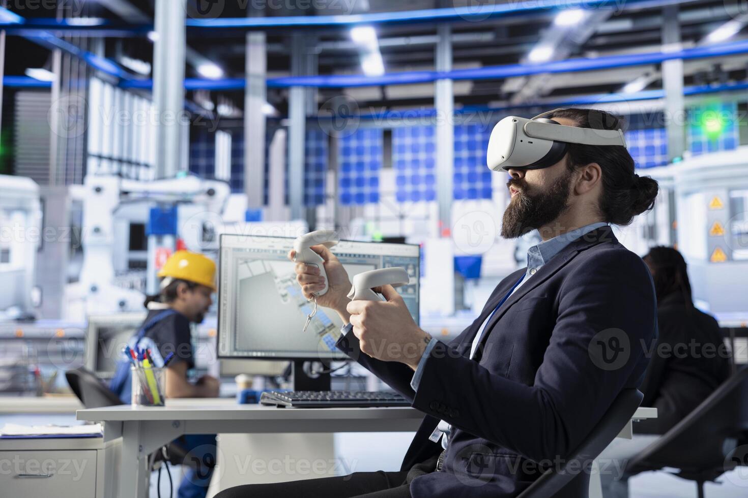 Photovoltaics factory engineer utilizing virtual reality to simulate and optimize production line efficiency. Solar panels plant worker uses VR for workflow enhancement of robotic assembly processes photo