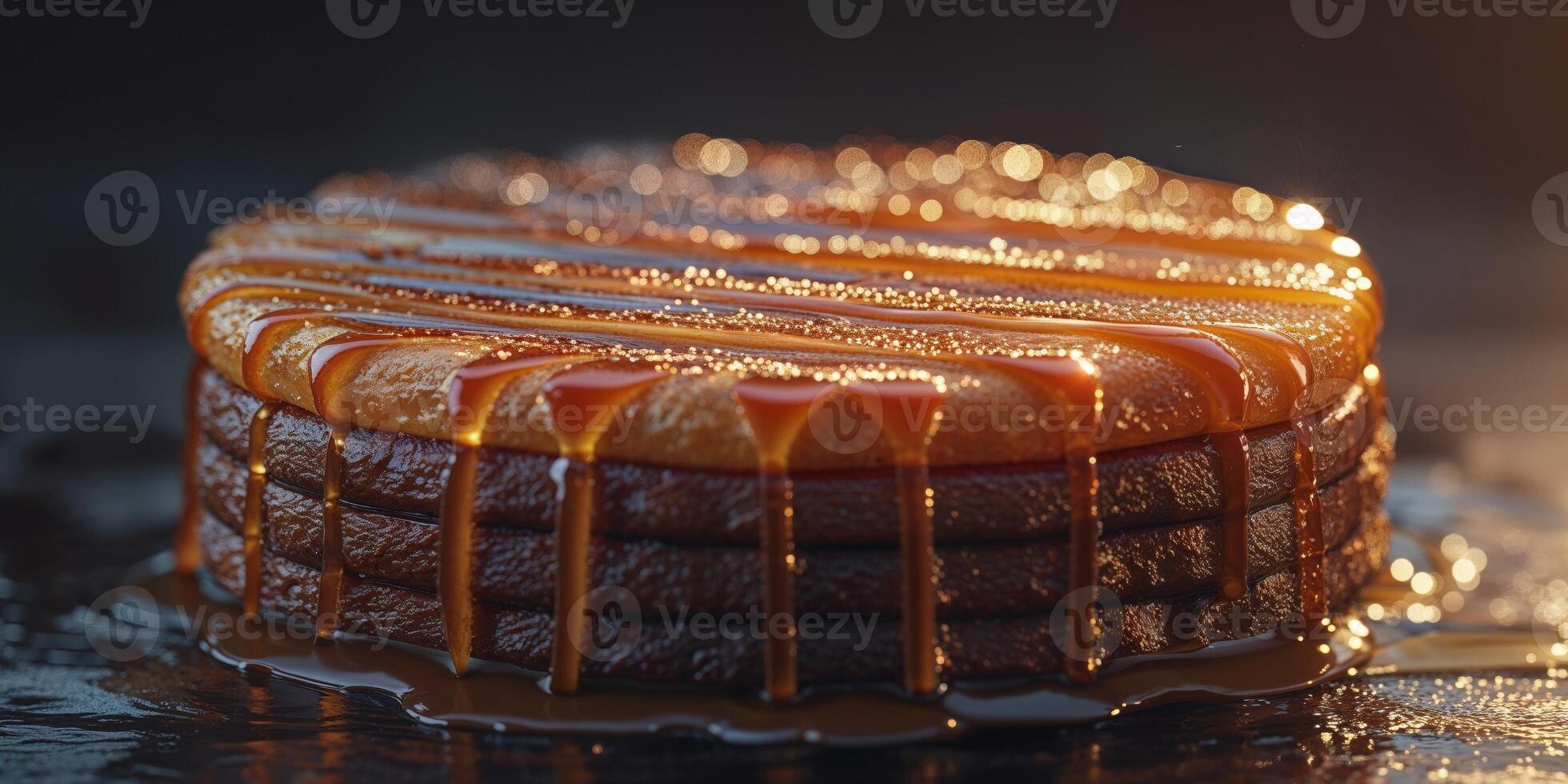A cake with caramel drizzled on top photo