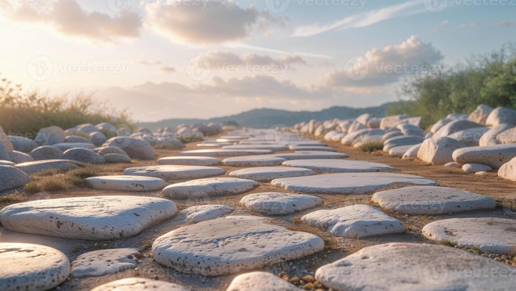 A stone path with rocks and grass in the background photo