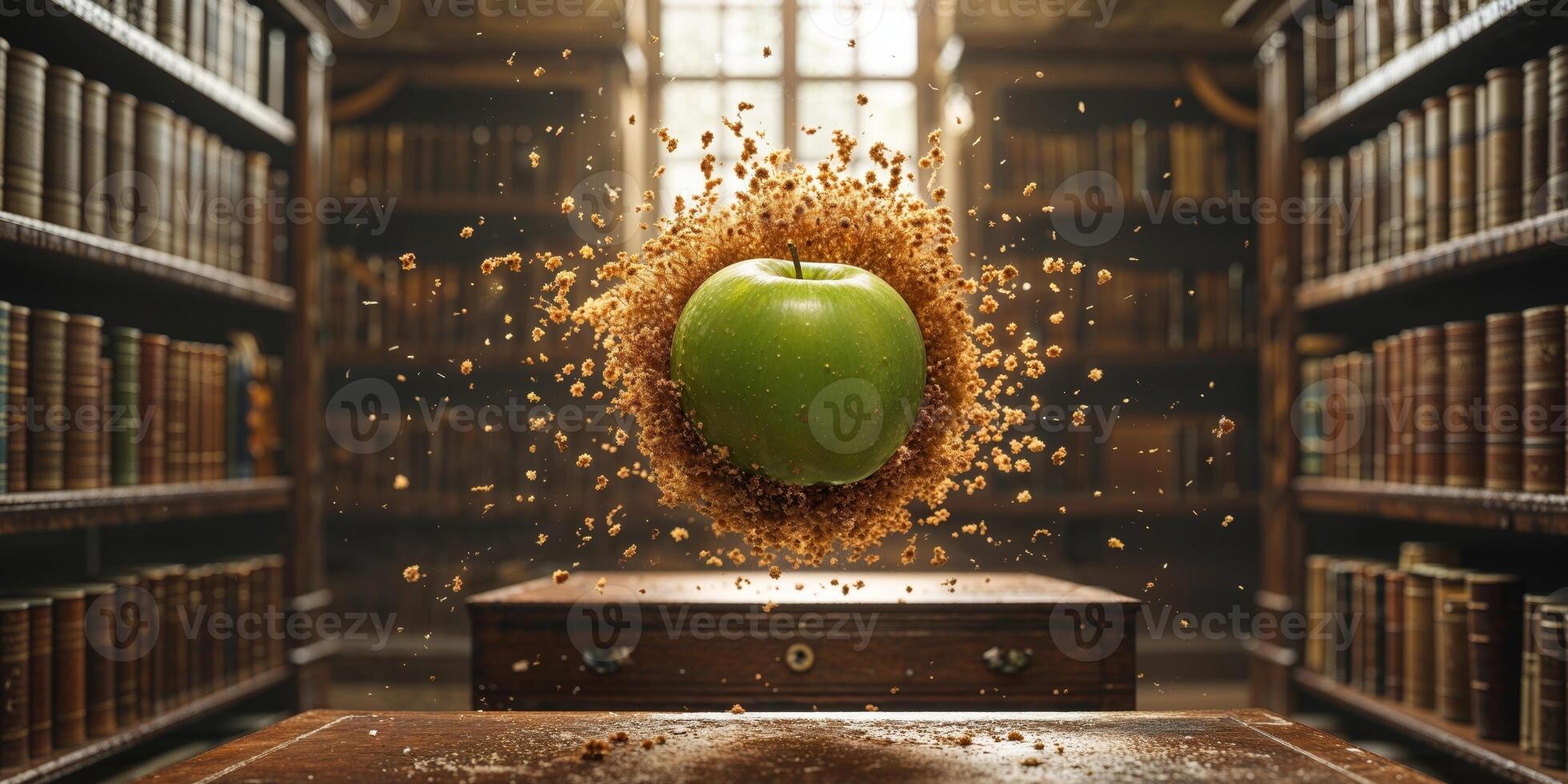 An apple is being thrown into the air in a library photo