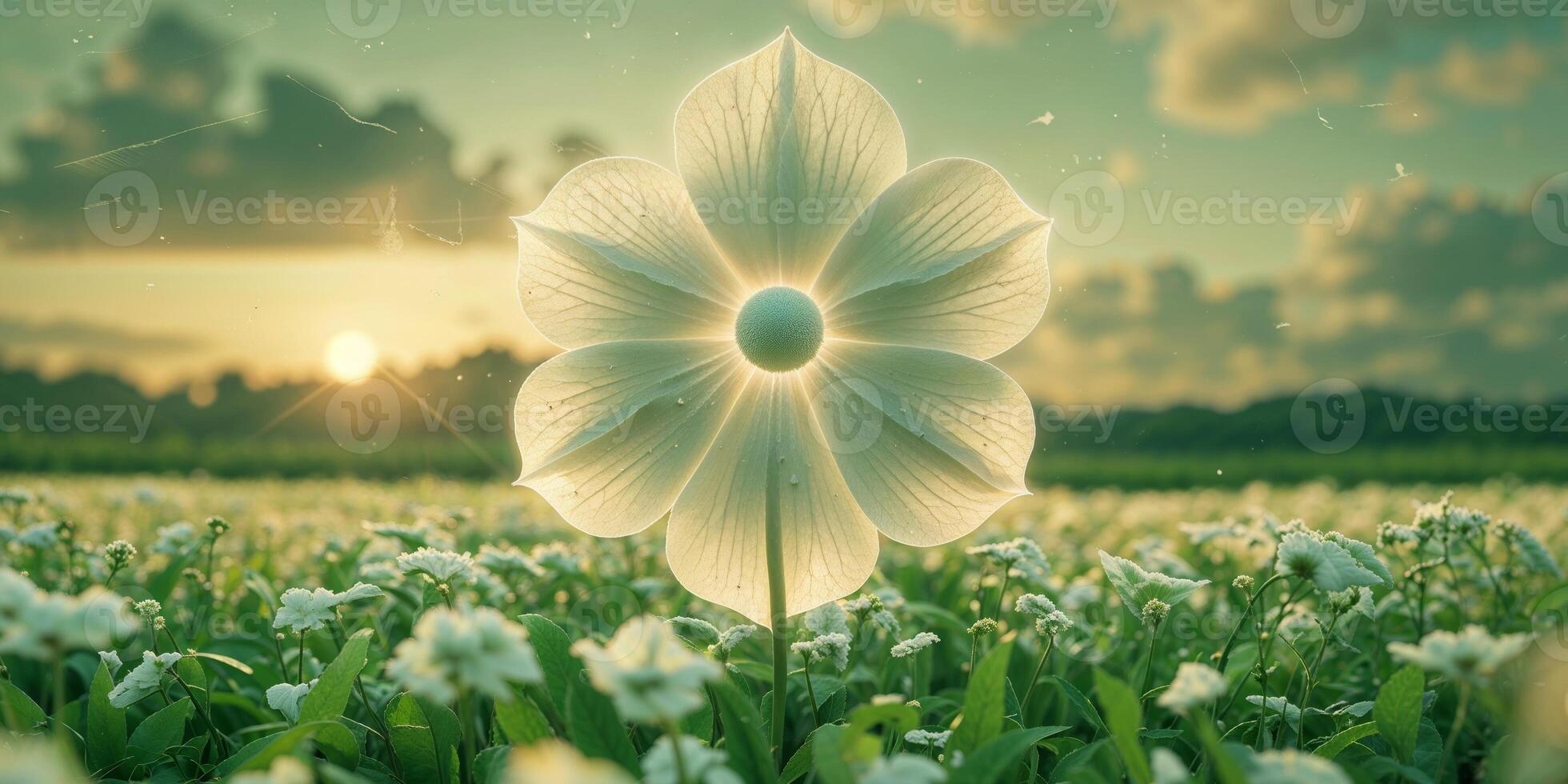 A white flower in a field with the sun setting behind it photo