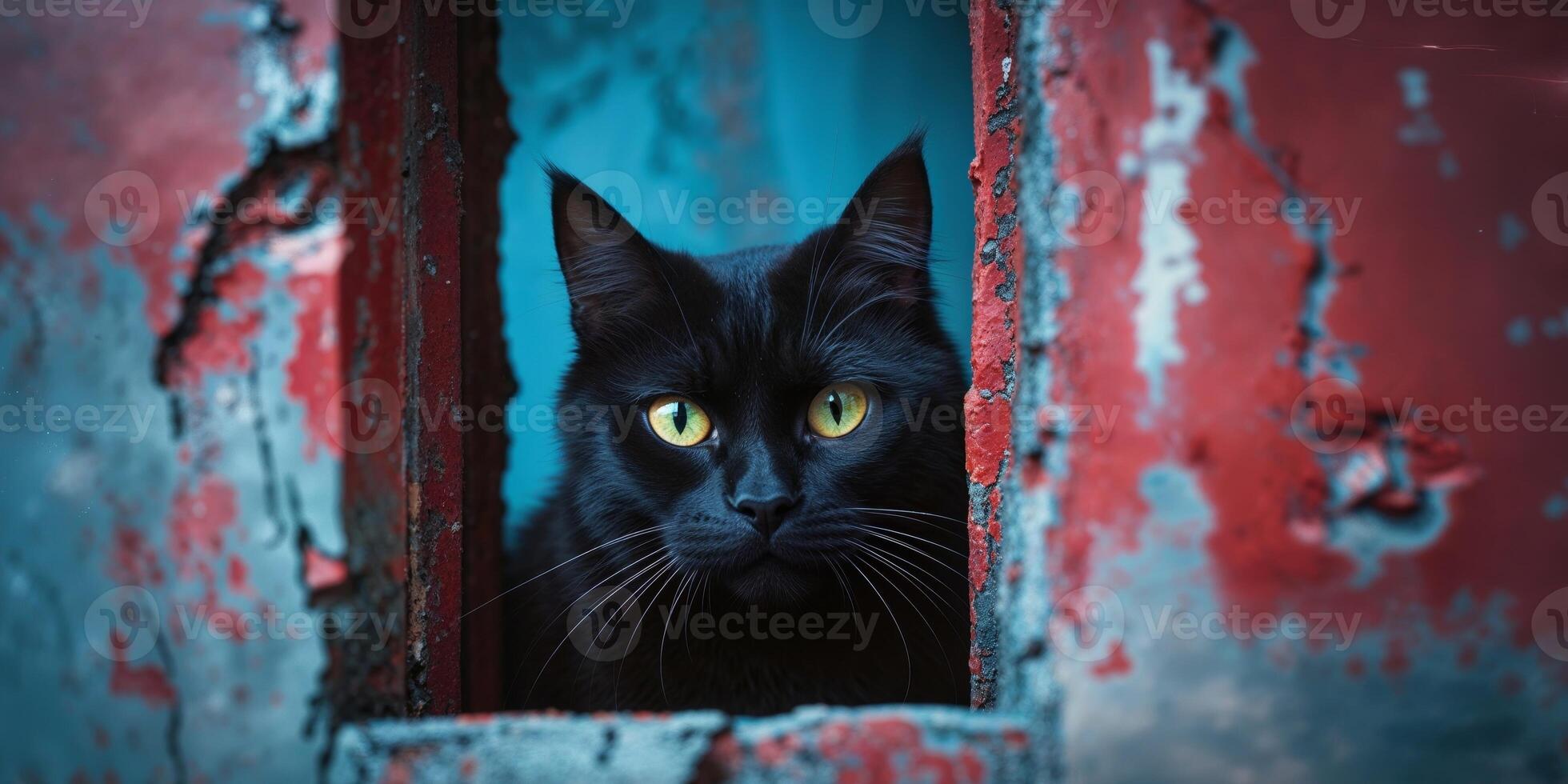 A black cat peeking out of a window photo