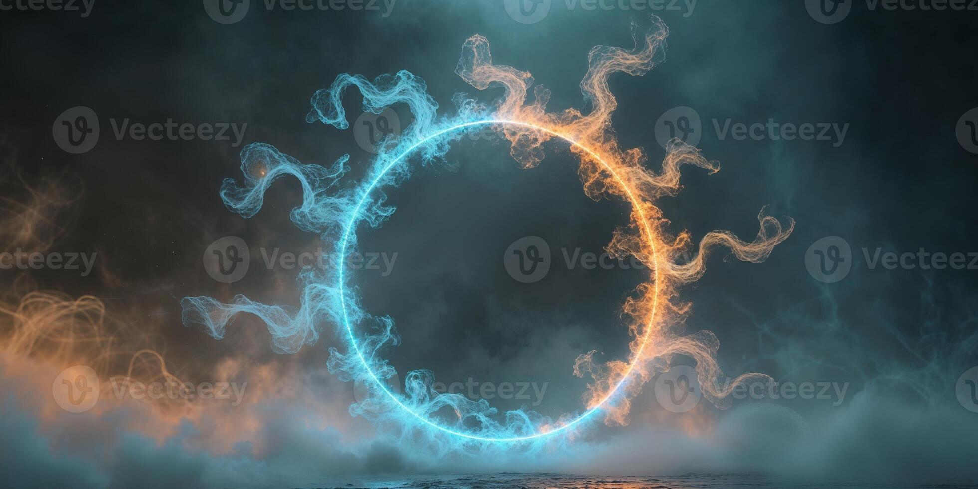 A circle of fire and smoke is shown in the dark photo