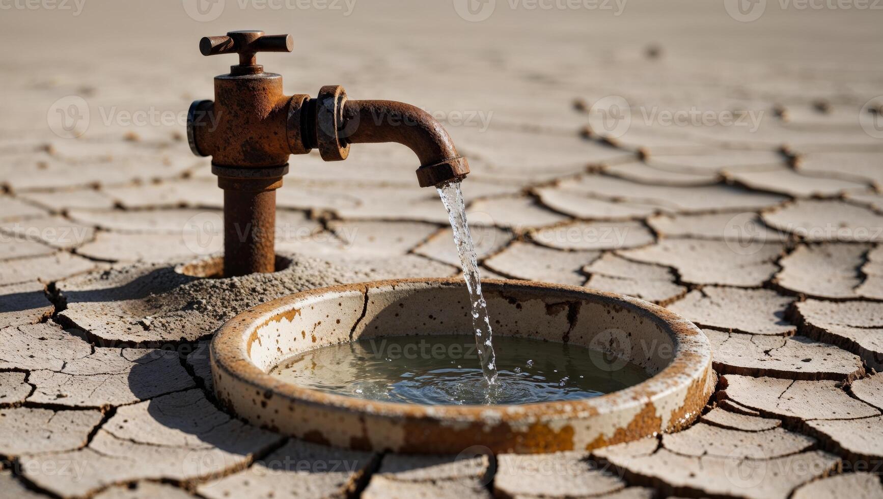 Water is running out of a rusty faucet in the desert photo