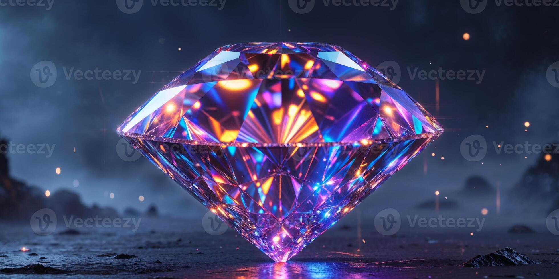 A diamond is shown in the dark with a rainbow light photo