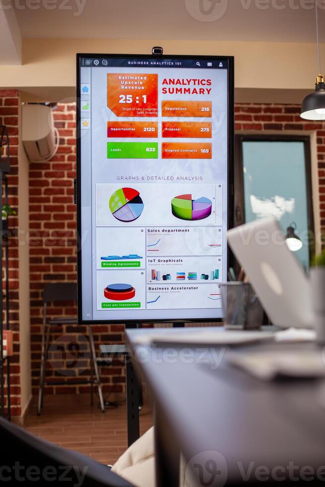 Selective focus on digital monitor displaying business analytics summary in vacant meeting room. Led screen panel showing online startup company data in empty office, prepared for group discussions. photo