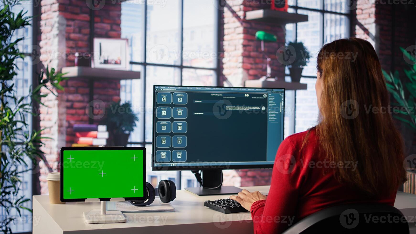 Woman interacting with intelligent AI chatbot next to mockup display, using innovative system. Machine learning enhances efficiency and communication through advanced algorithms. Camera B. photo