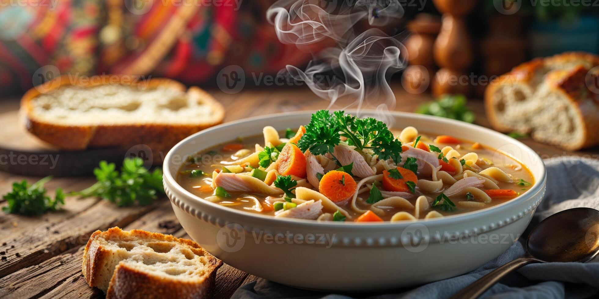 Chicken noodle soup with vegetables and bread photo