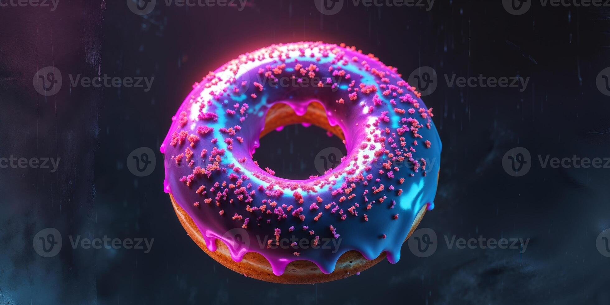 Neon Glazed Donut Glowing Under Blacklight on Dark Background. photo