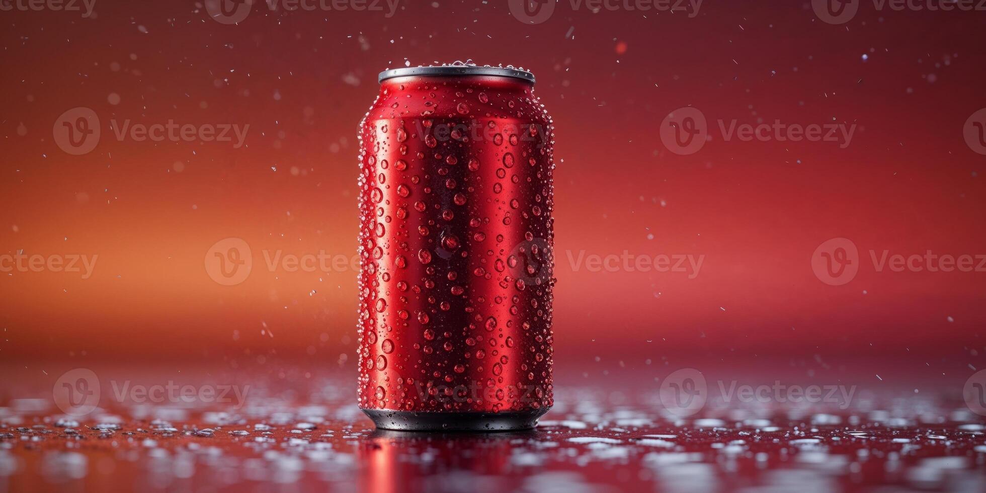 A red soda can covered in small droplets of condensation. photo