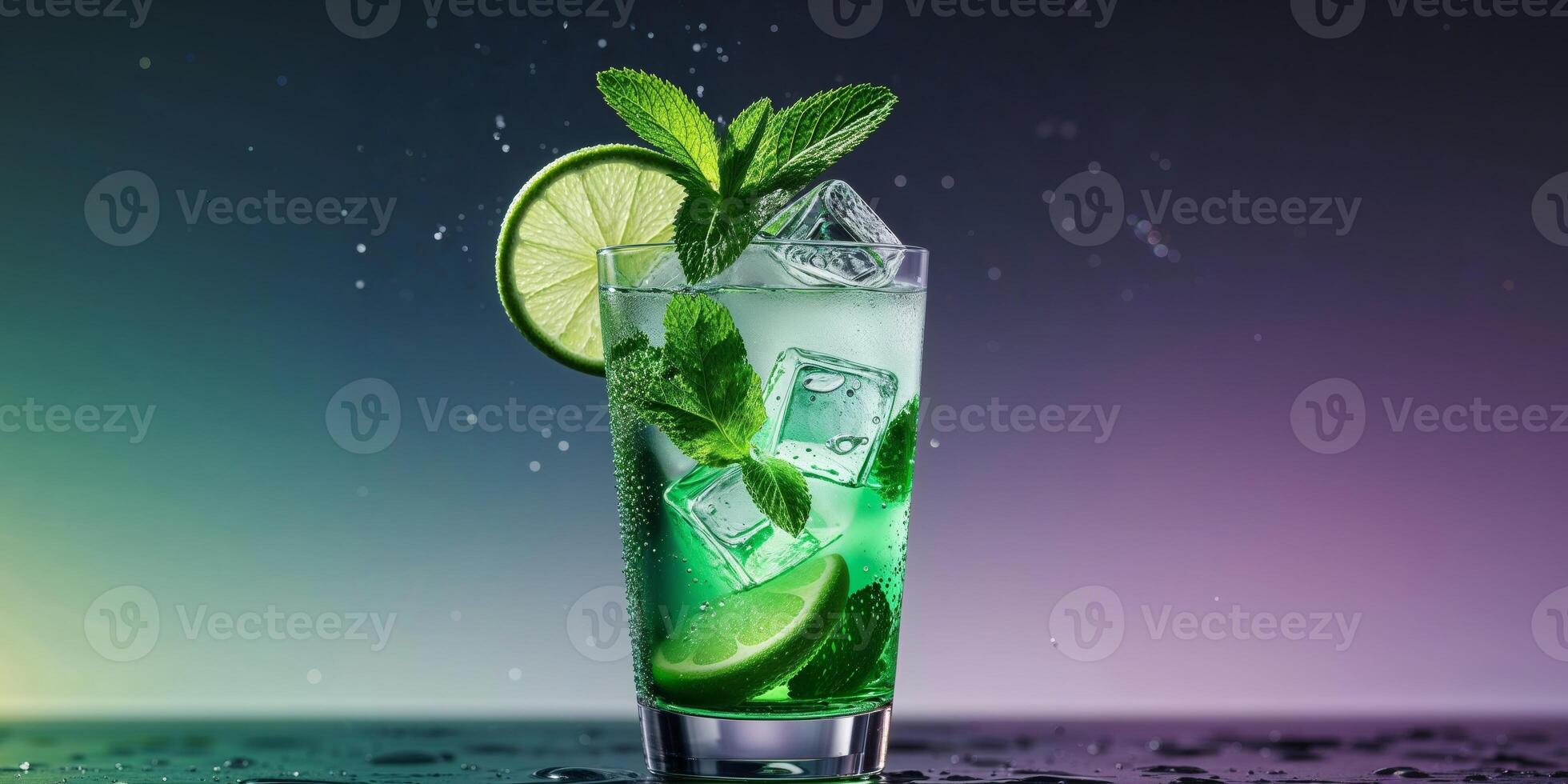 Refreshing mint and lime beverage served in a glass with ice cubes on a dark background. photo
