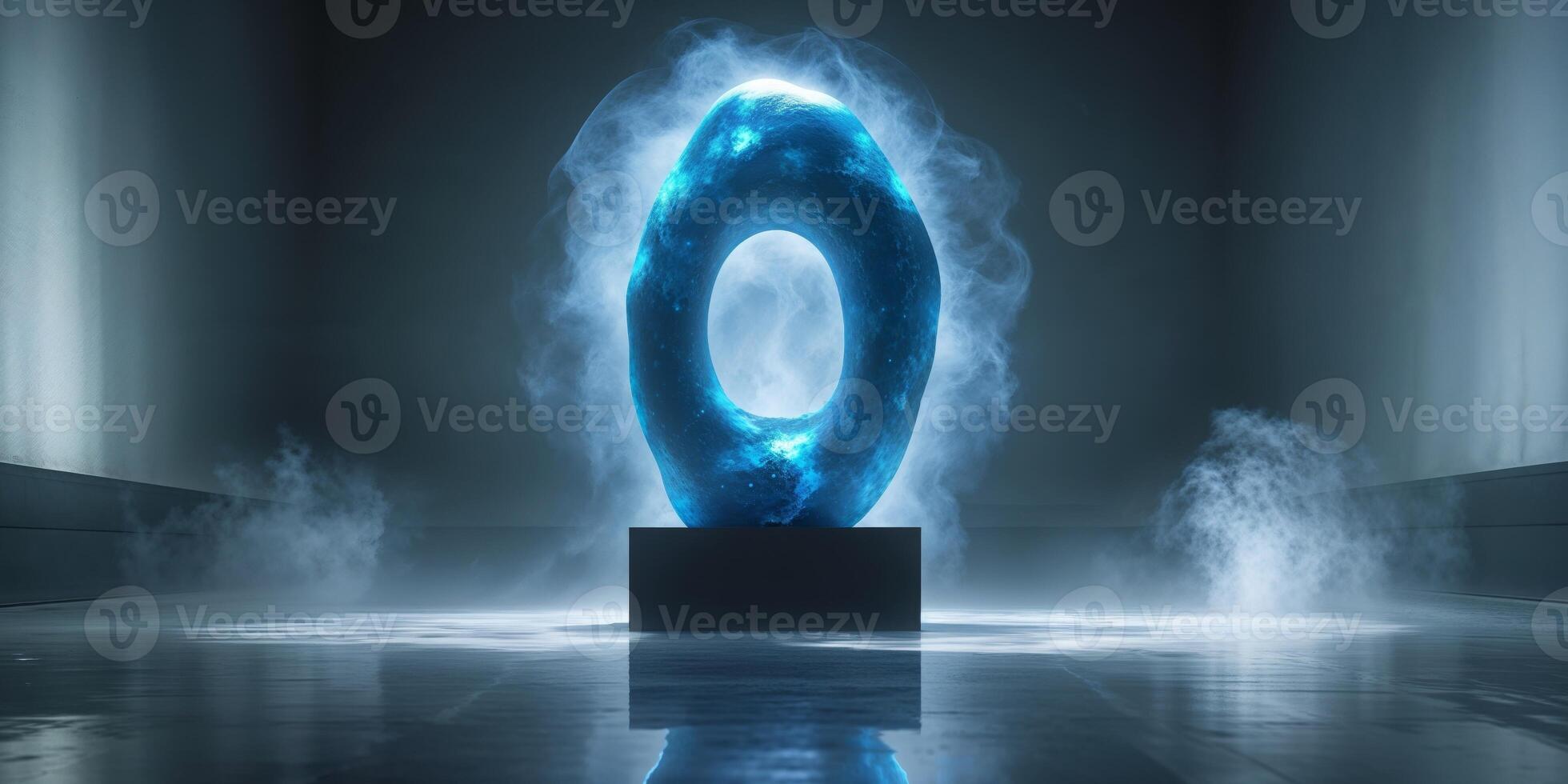 Abstract Blue Light Sculpture Installation in Dark Gallery. photo