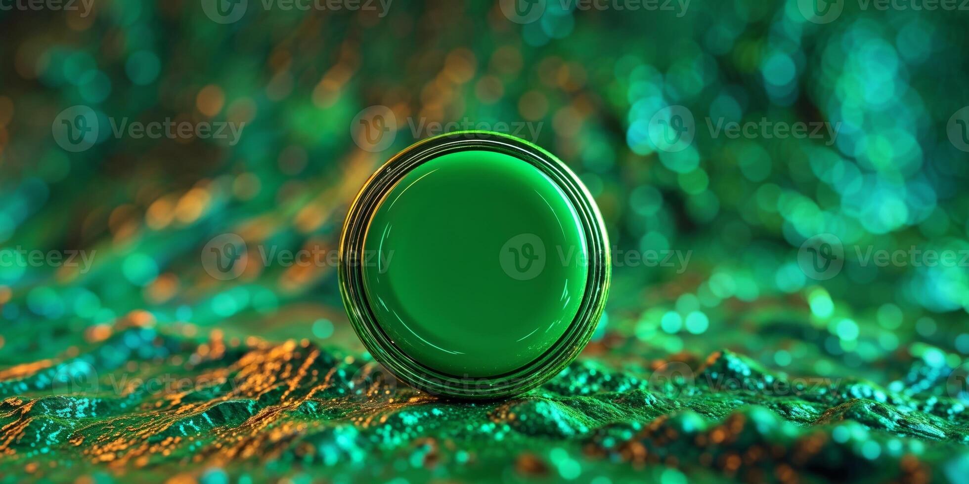 Green Circular Button on Textured Deep Green Background Surface photo
