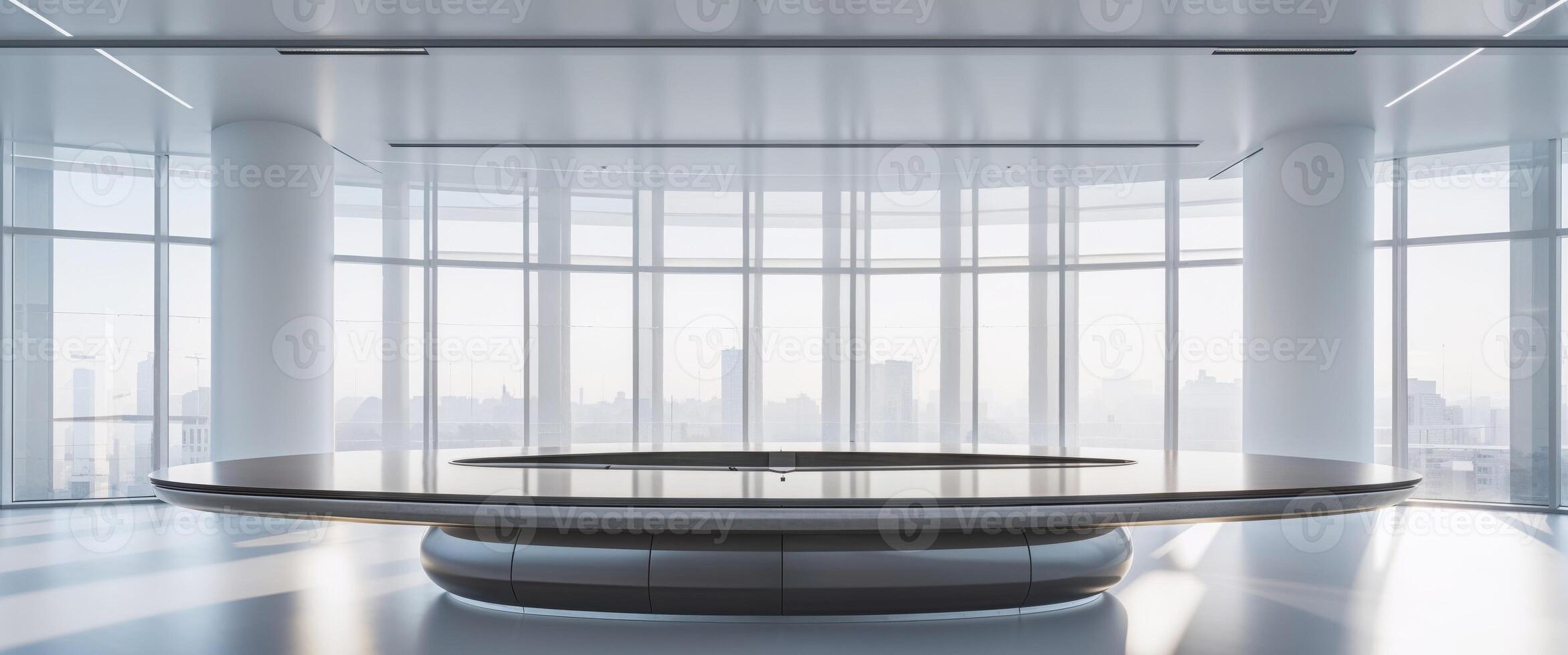 A large circular table in a room with a city view photo