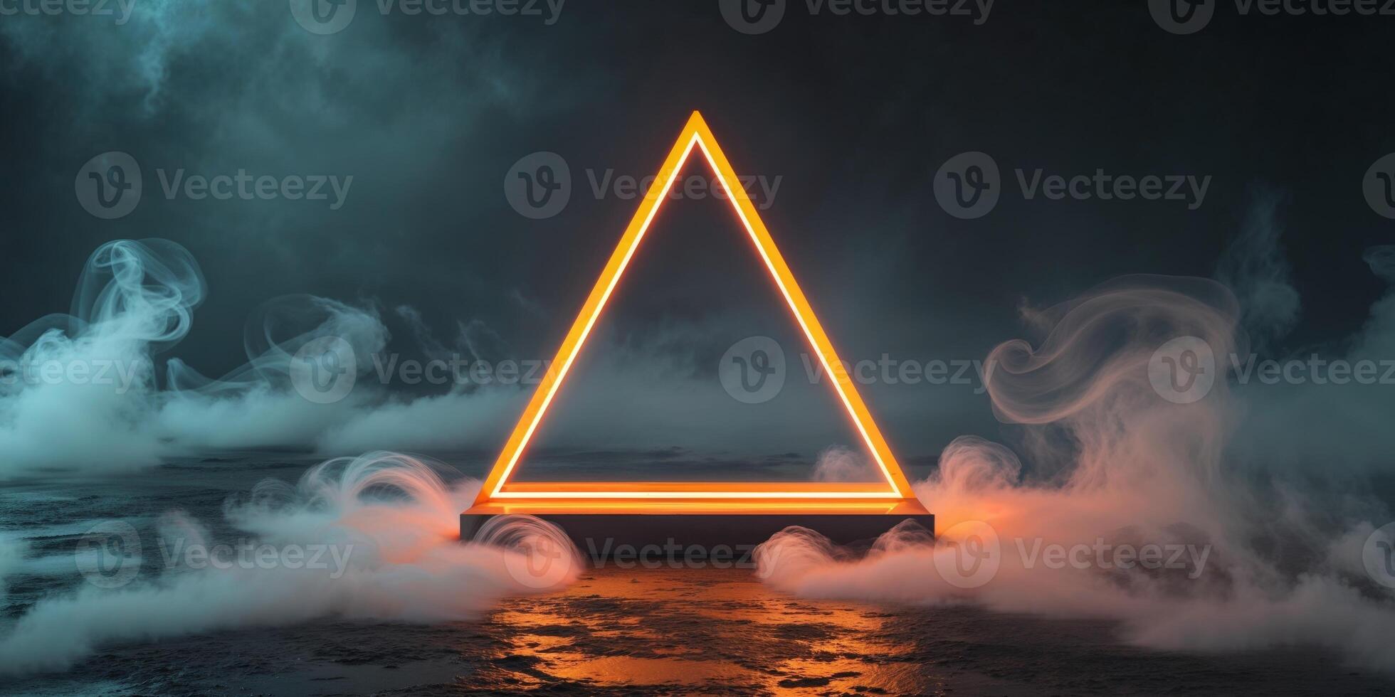 Glowing Orange Neon Triangle in Dark Smoky Background. photo