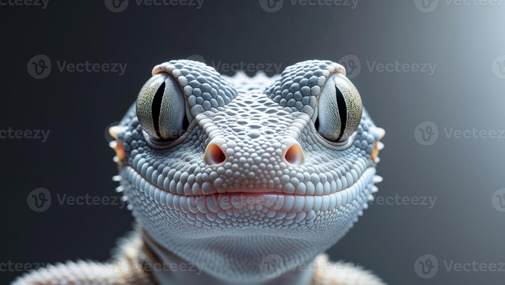A close up of a gecko's face on a black background. photo