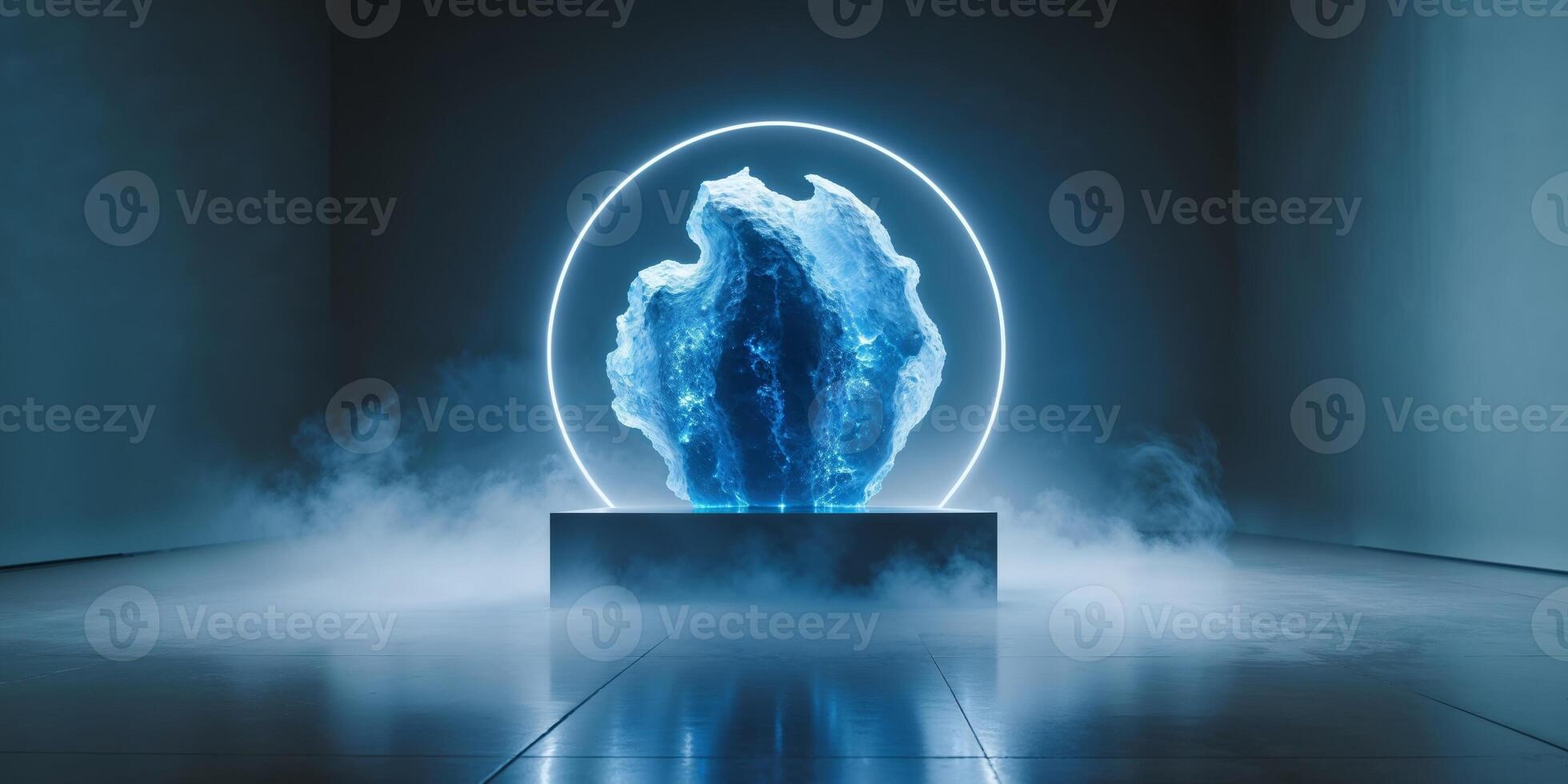 Abstract Blue Light Sculpture Installation in Dark Gallery photo