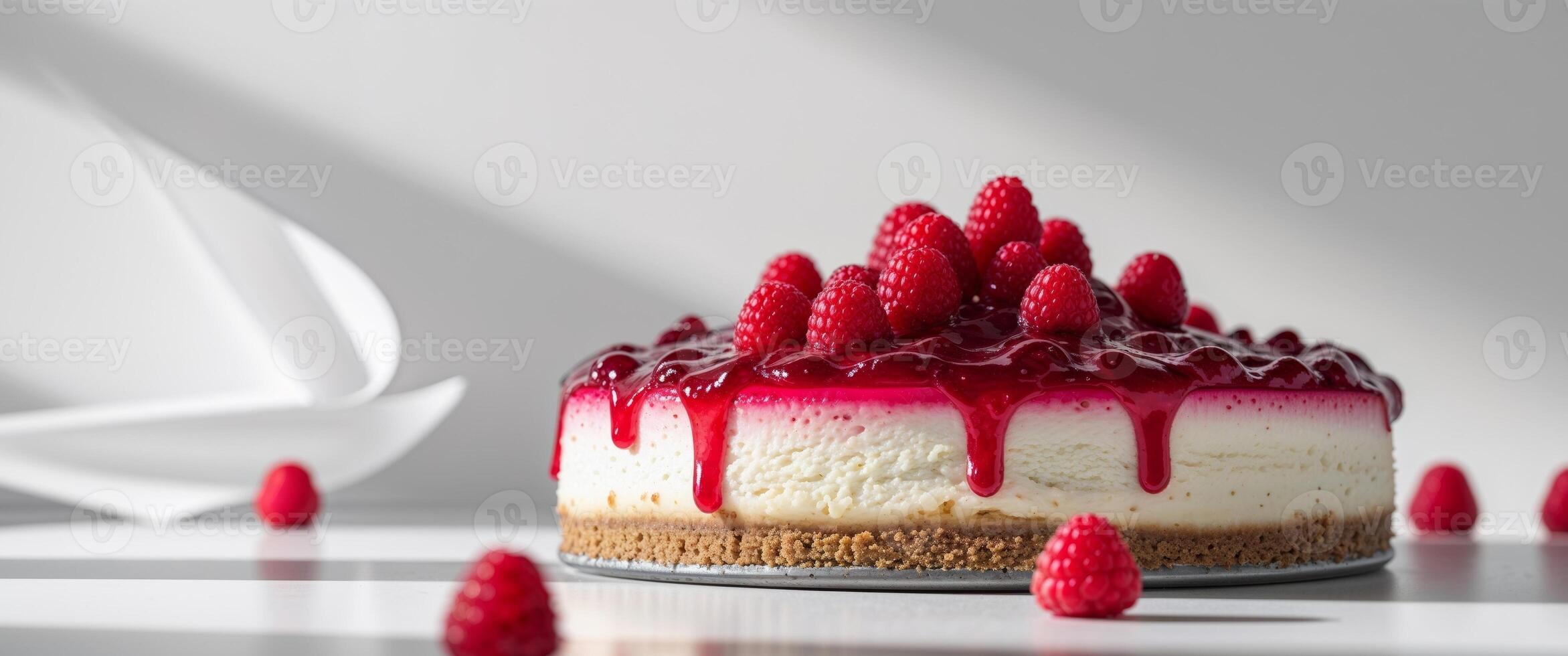 A cheesecake with raspberry sauce and white paper boats photo