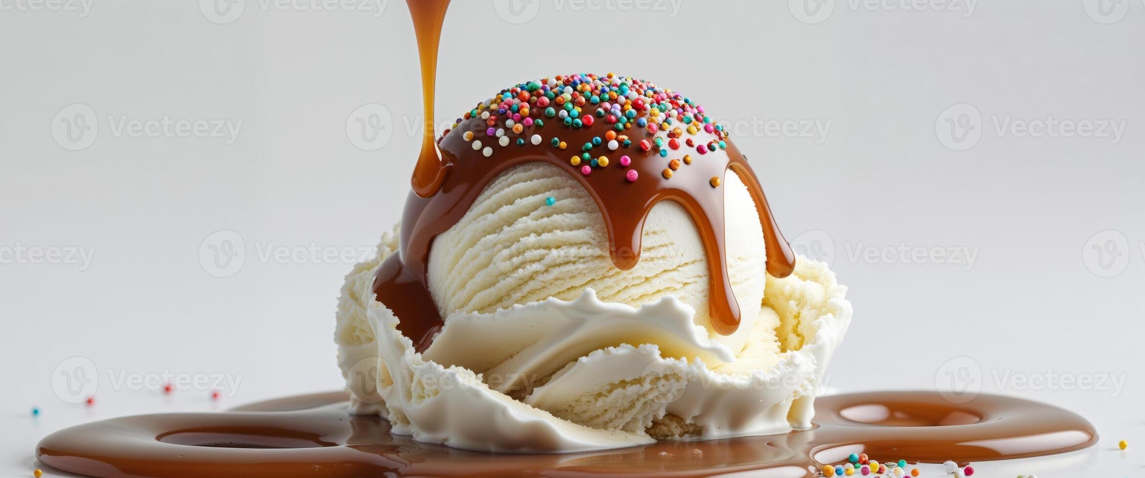 Ice cream with caramel sauce photo