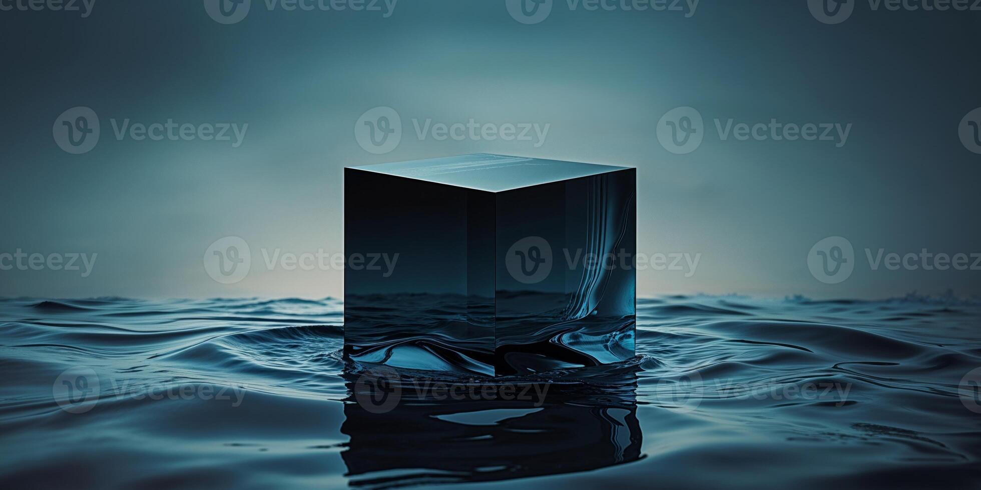 Dark Abstract Cube Floating on Dark Water. photo