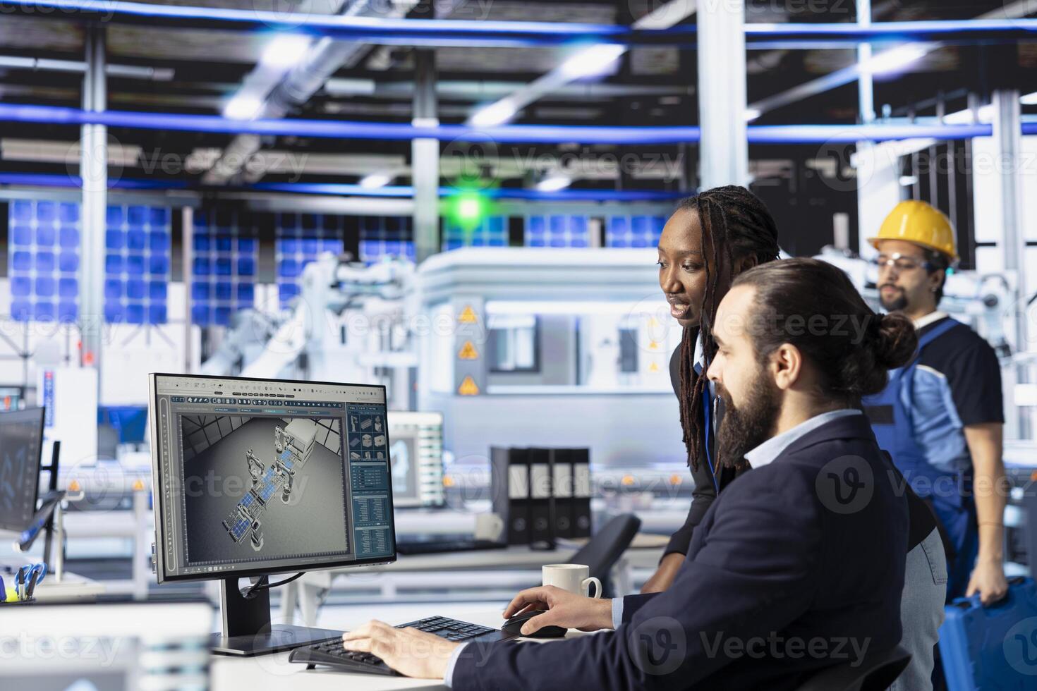 Team of photovoltaics factory technicians working together to improve solar panels efficiency. Teamworking solar panels manufacturing plant specialists researching cheaper solar solutions photo