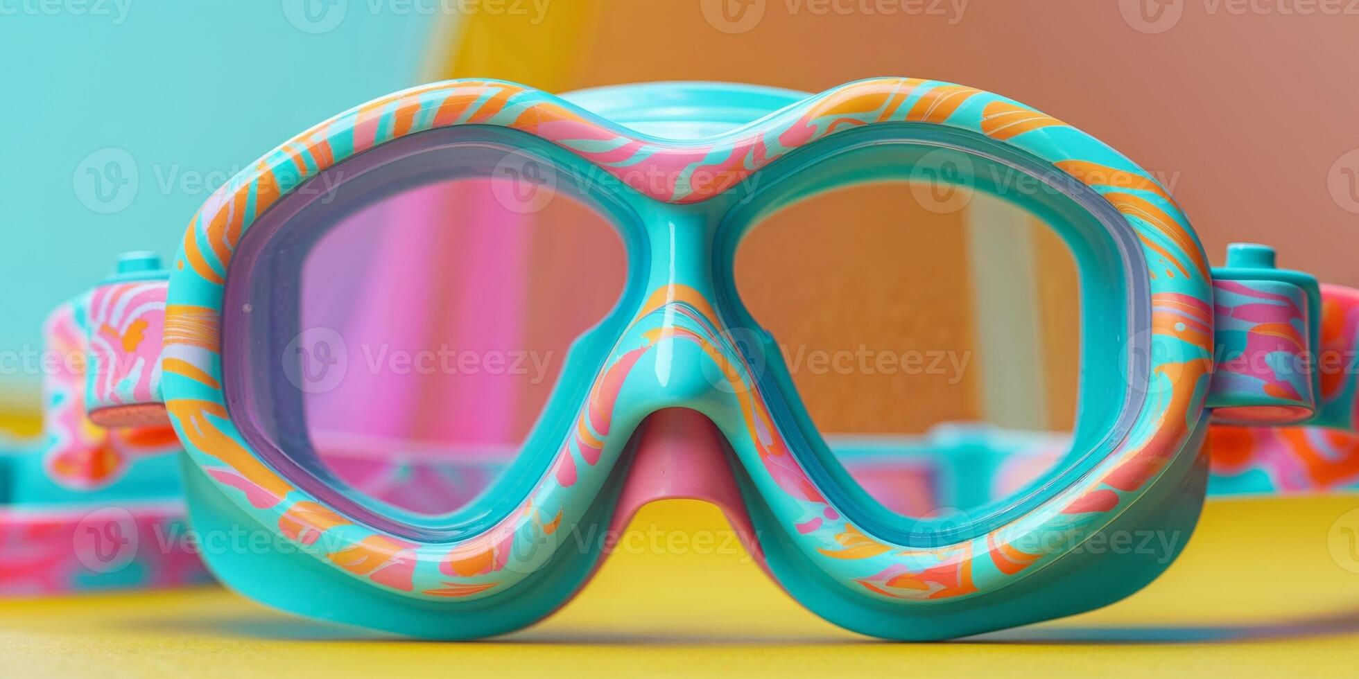 A set of kids snorkeling goggles in playful colors on a bright yellow background. photo