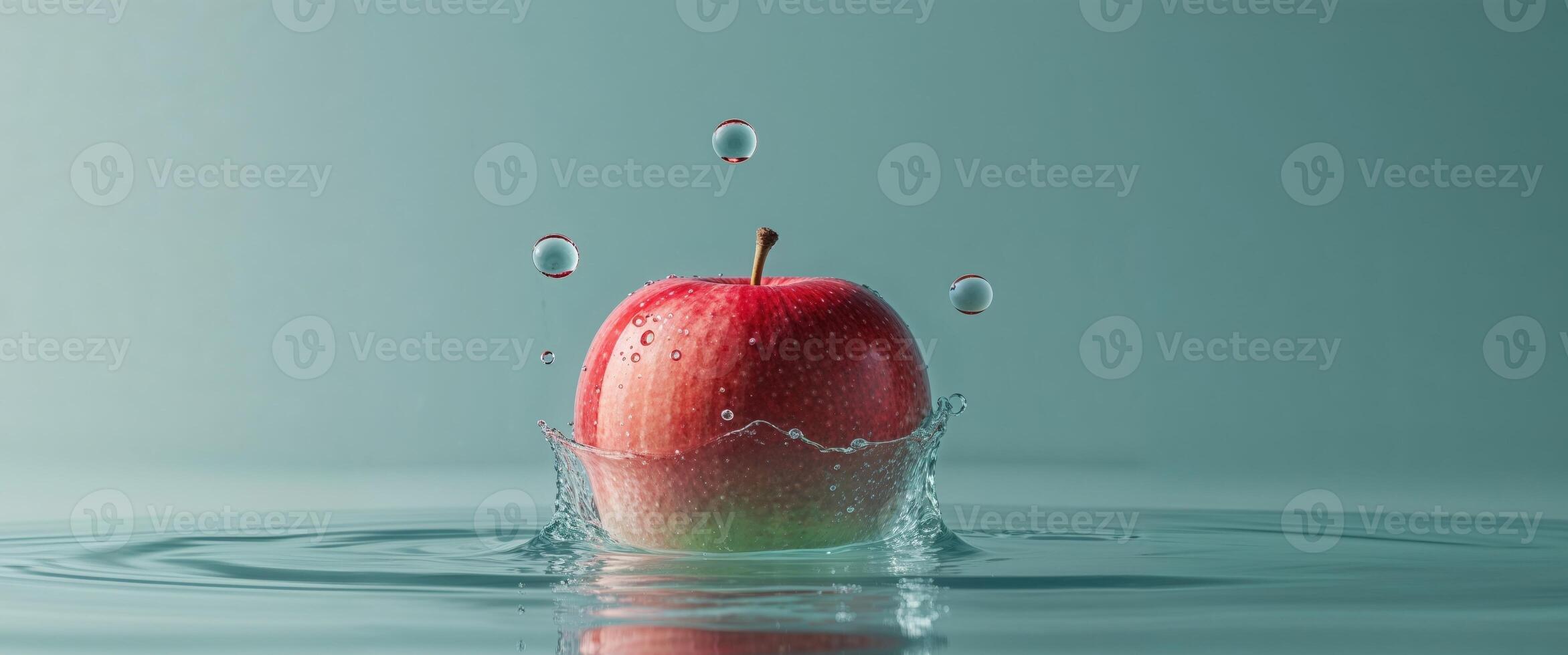 An apple is falling into water with drops photo
