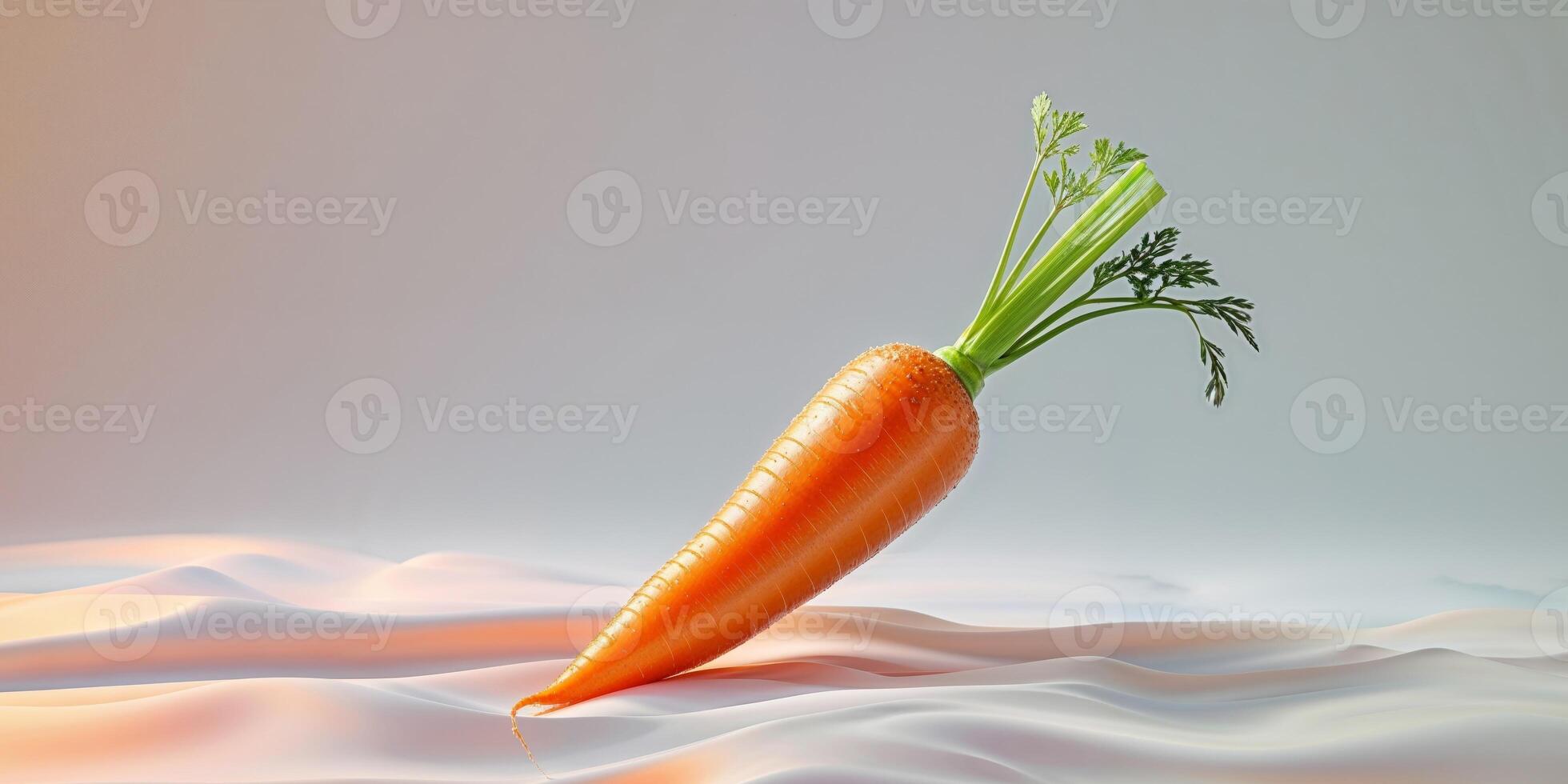 A single carrot on a white surface with a green stem photo