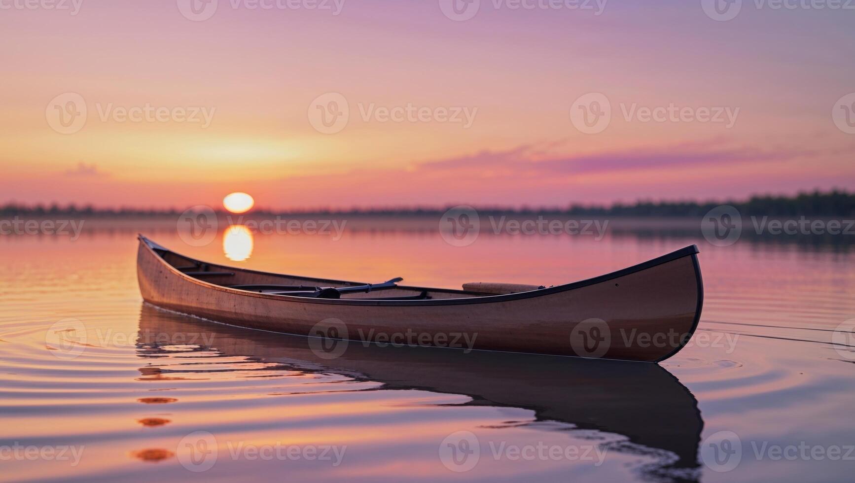 A canoe is on the water with the sun setting in the background. photo