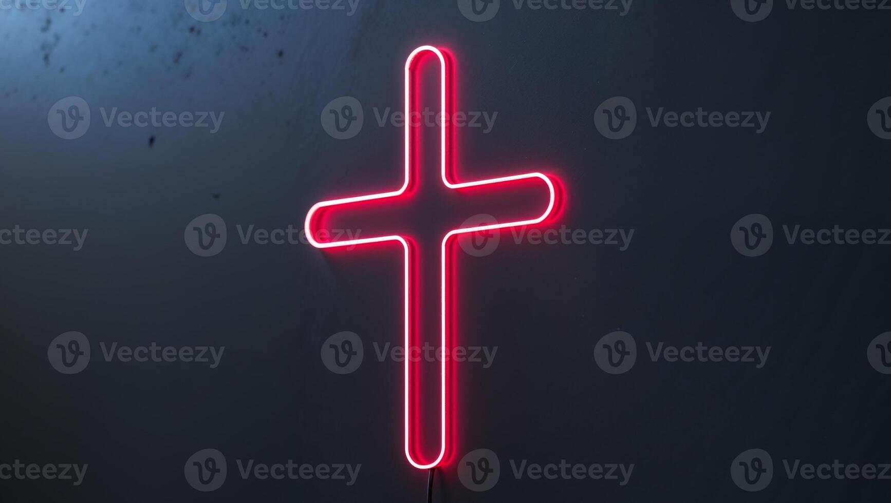 Abstract Red Neon Light Cross Design Glowing on Dark Surface. photo