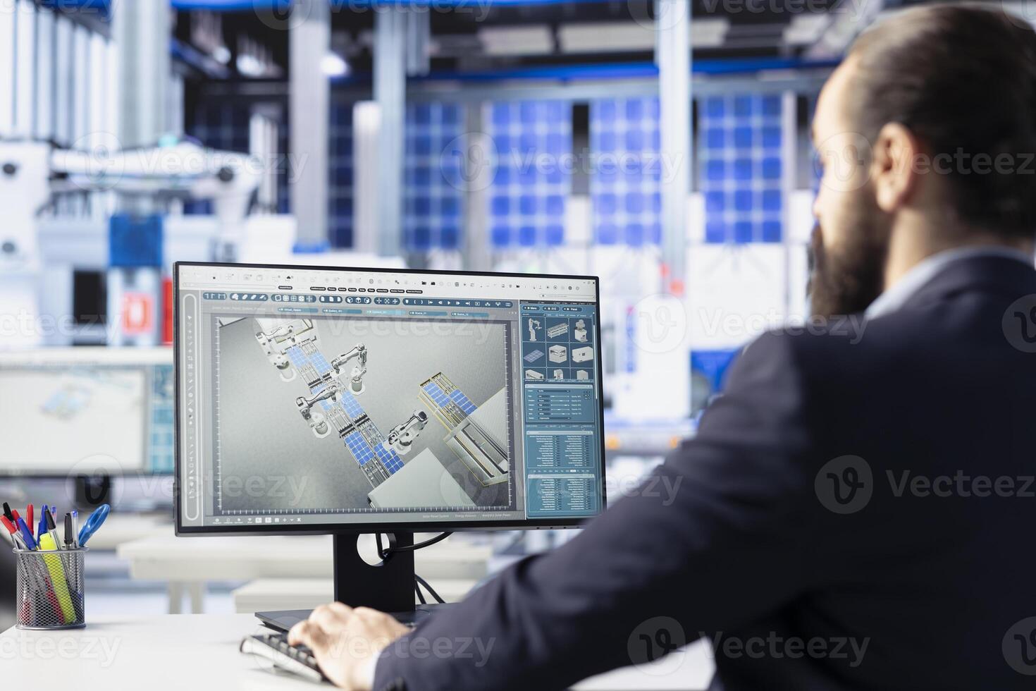 Production manager in solar technology factory reviewing system logs on computer to identify and address operational inefficiencies. Photovoltaic plant employee monitoring data on PC screen, close up photo