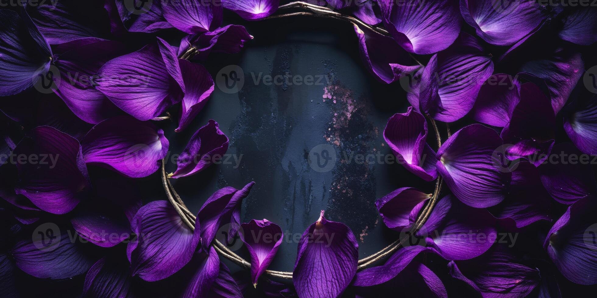 Purple petals surround a circular frame on a black background photo