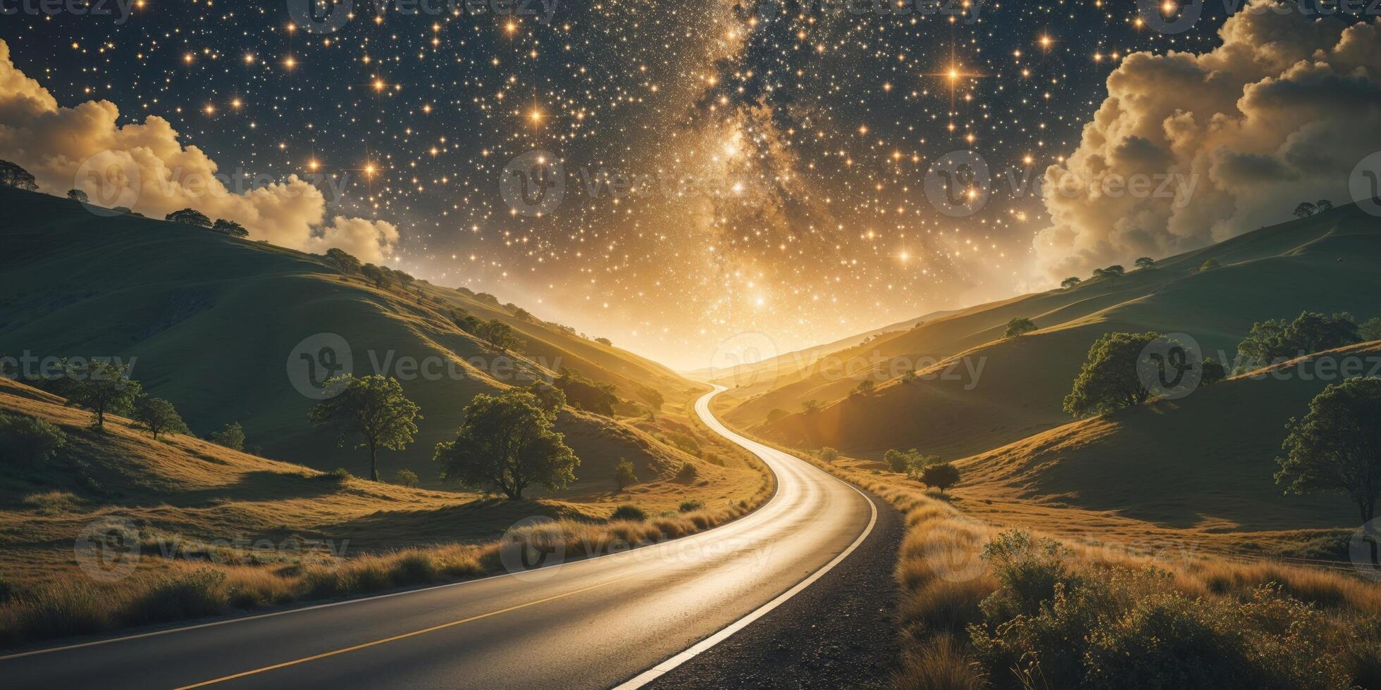 A road with stars in the sky and clouds in the distance photo