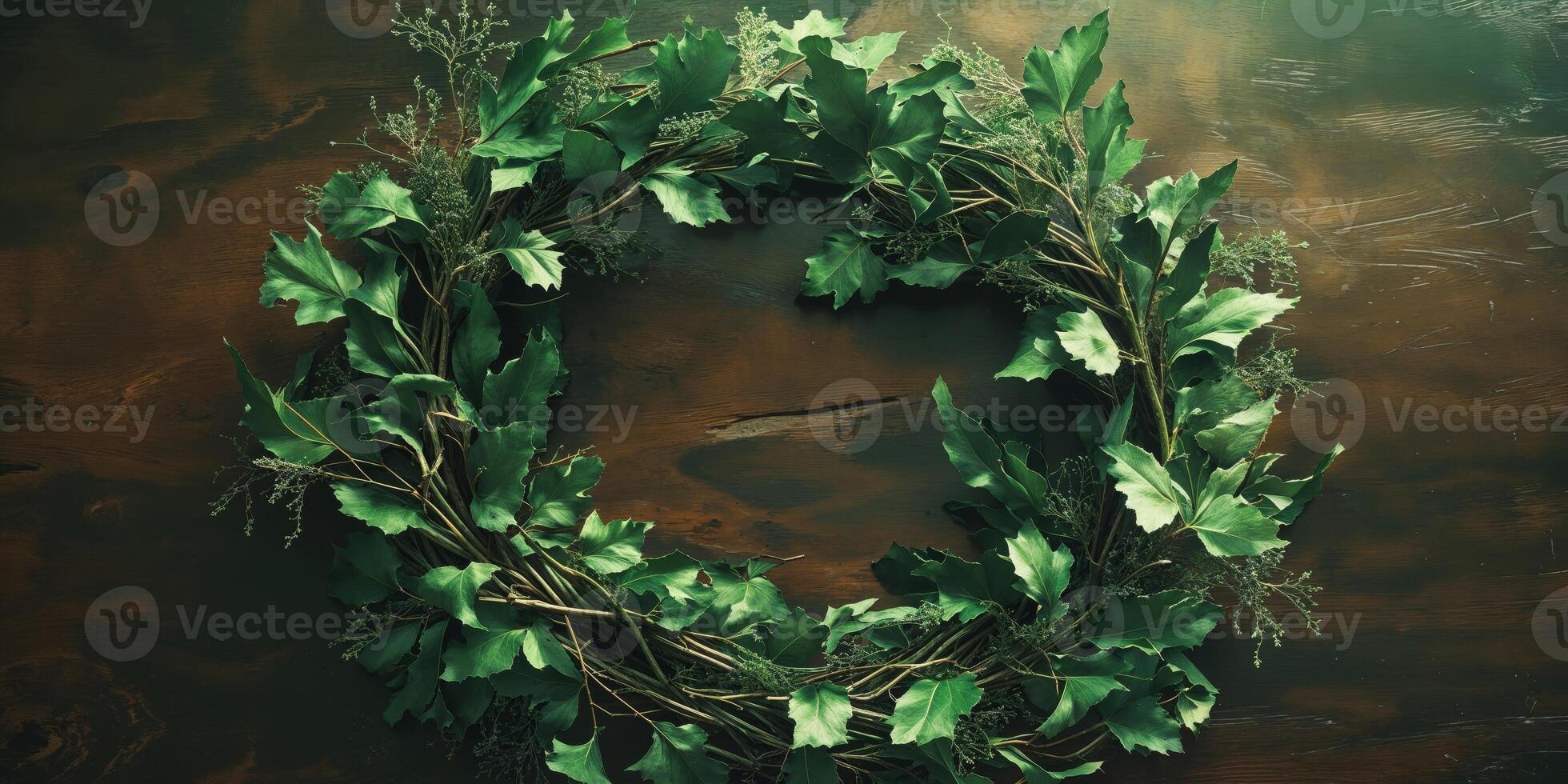 A wreath of green leaves on a wooden table photo