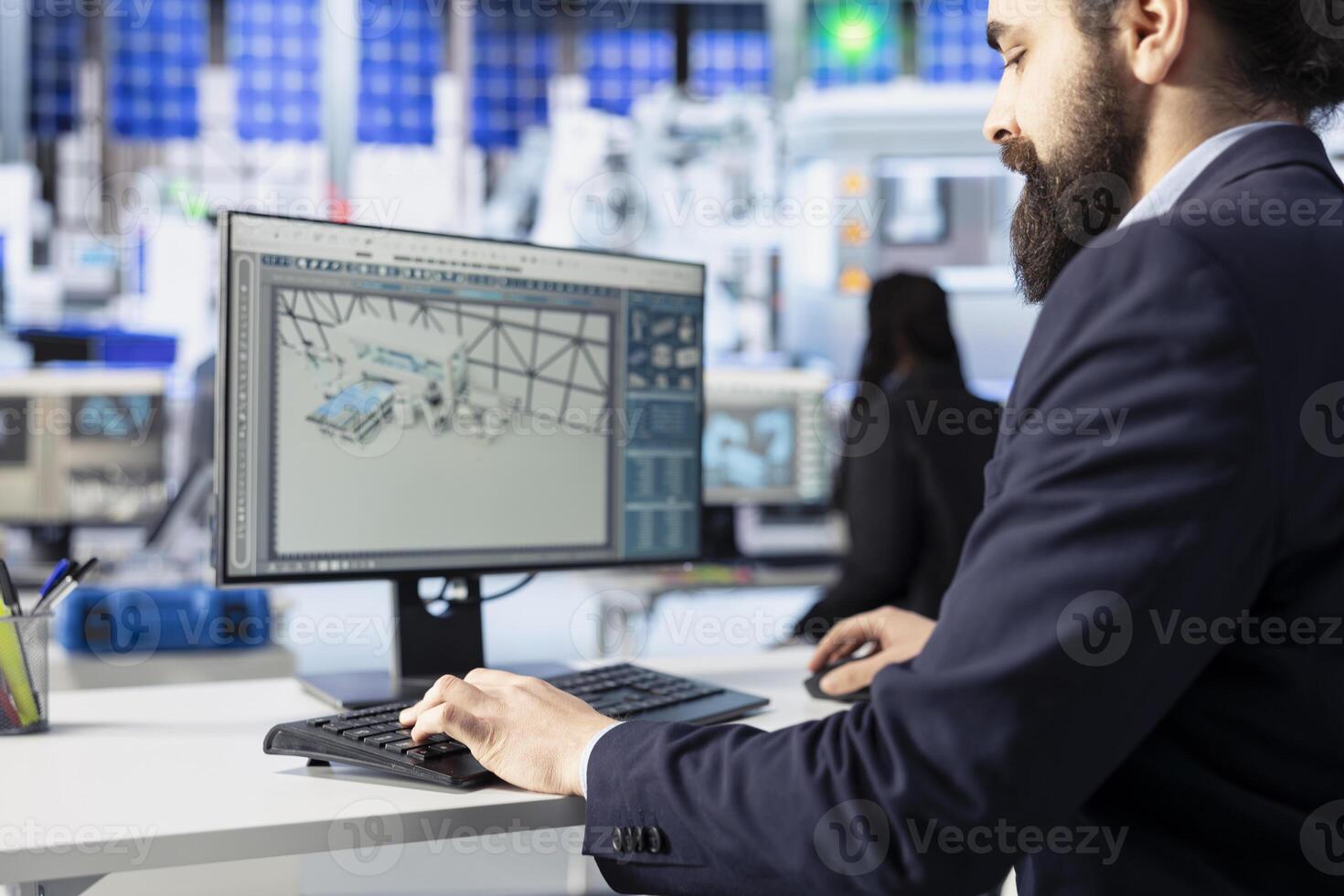 Photovoltaics facility employee reviewing efficiency reports on computer, interpreting trends to improve production output. Close up of solar panels plant expert identifying potential system failures photo
