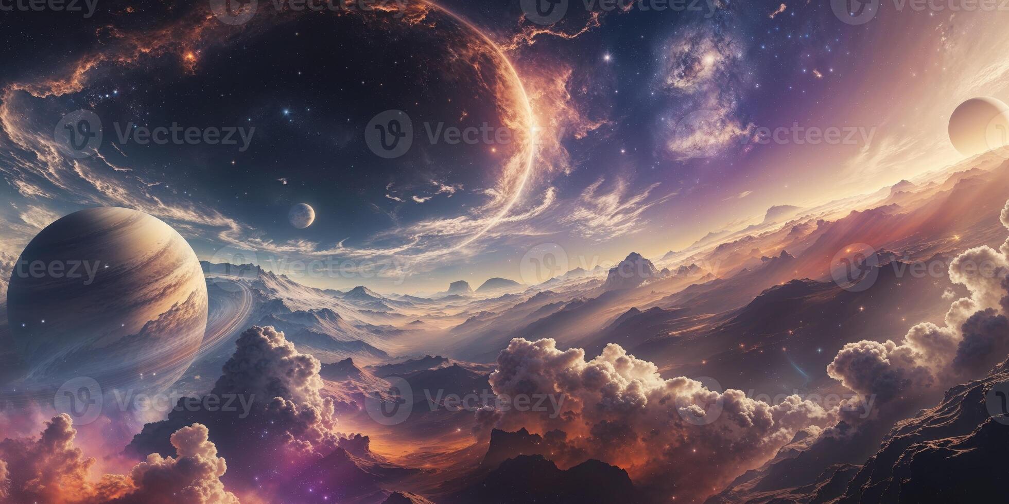 An alien landscape with planets and clouds photo