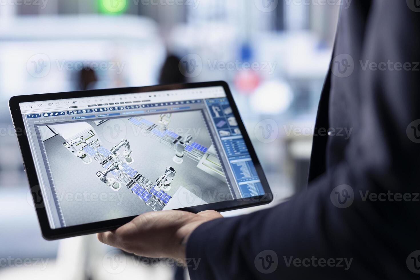 Technician using tablet to monitor solar panel plant assembly lines. Close up of employee using touchscreen device to troubleshoot photovoltaic equipment, ensuring seamless production workflow photo
