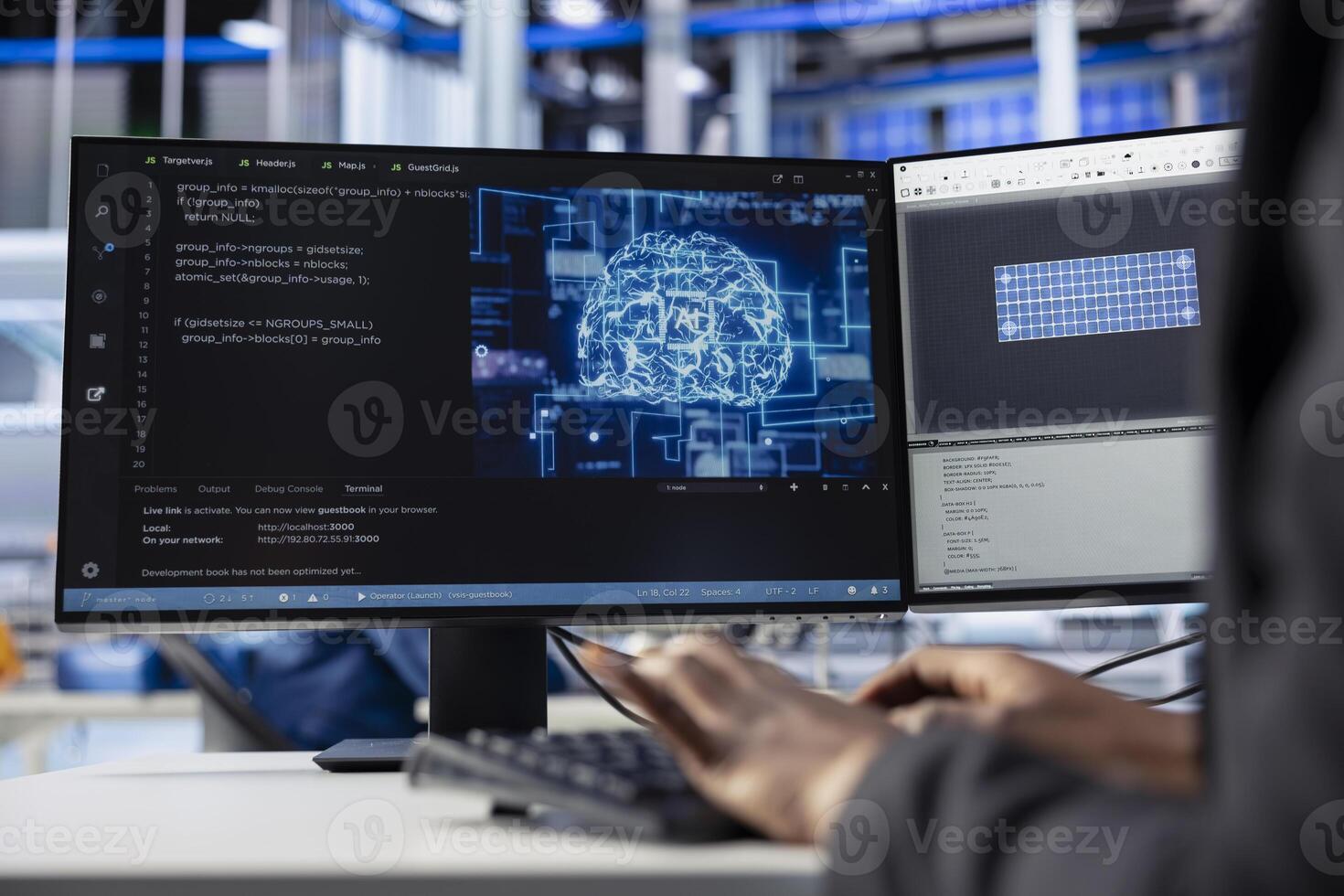 Engineer coding AI powered software at desk in solar energy plant, optimizing performance. Technician integrating artificial intelligence in photovoltaics factory production to enhance efficiency photo