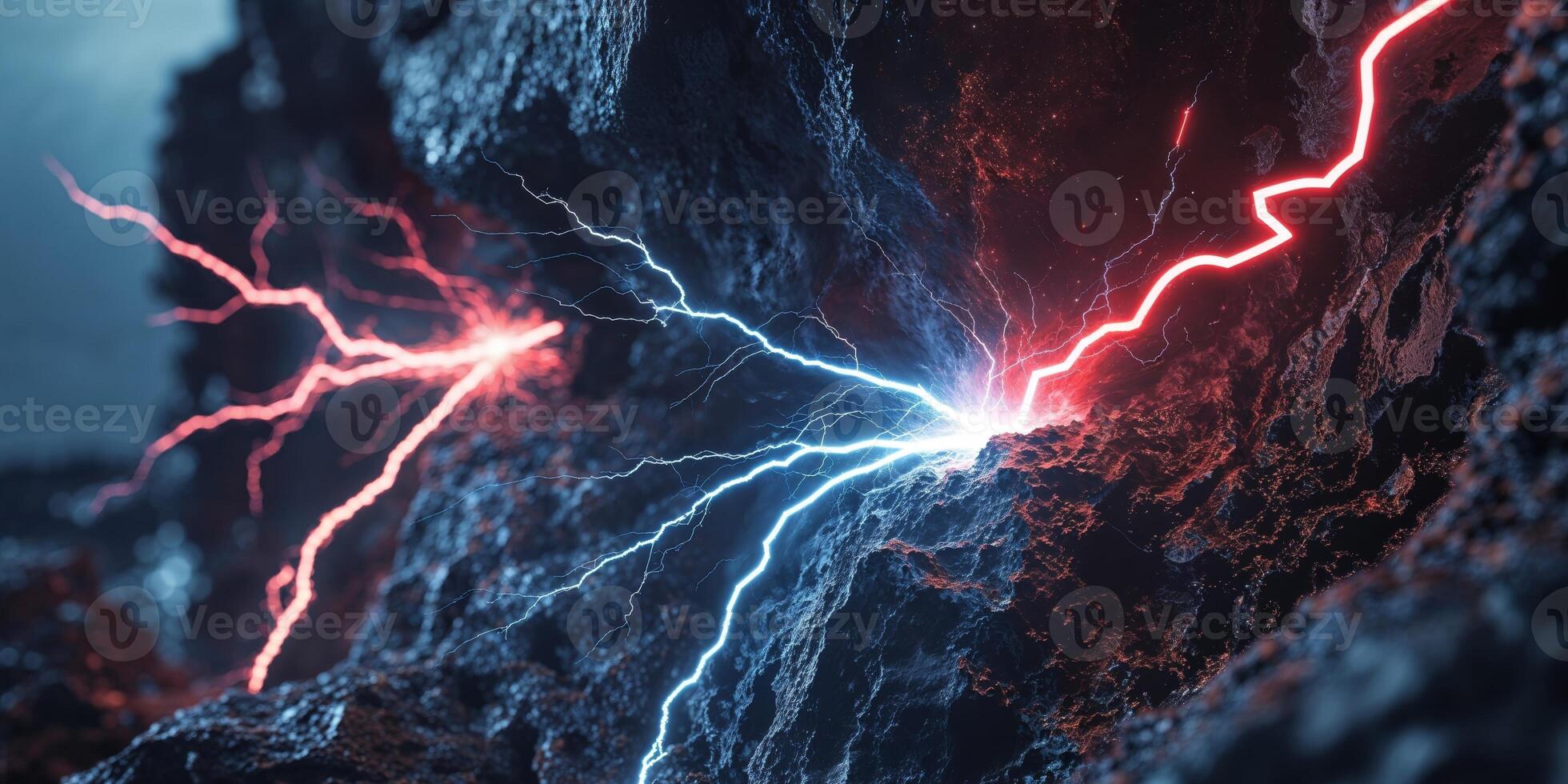 Blue and Red Lightning Strikes on Dark Textured Background photo