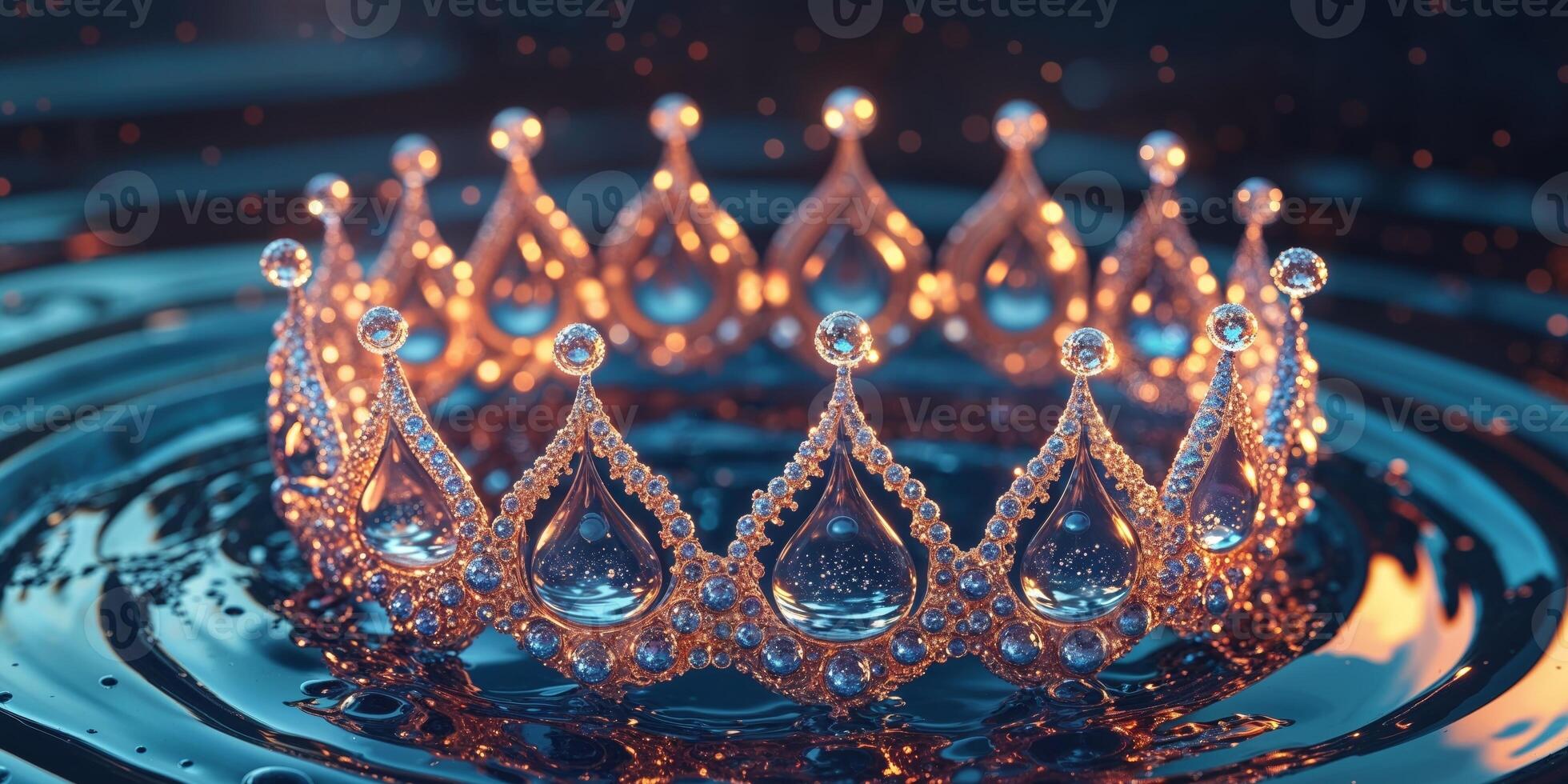 A Stunning Water Droplet Crown Creating a Rippling Reflection in a Dark Blue Liquid Surface with Warm Backlight. photo