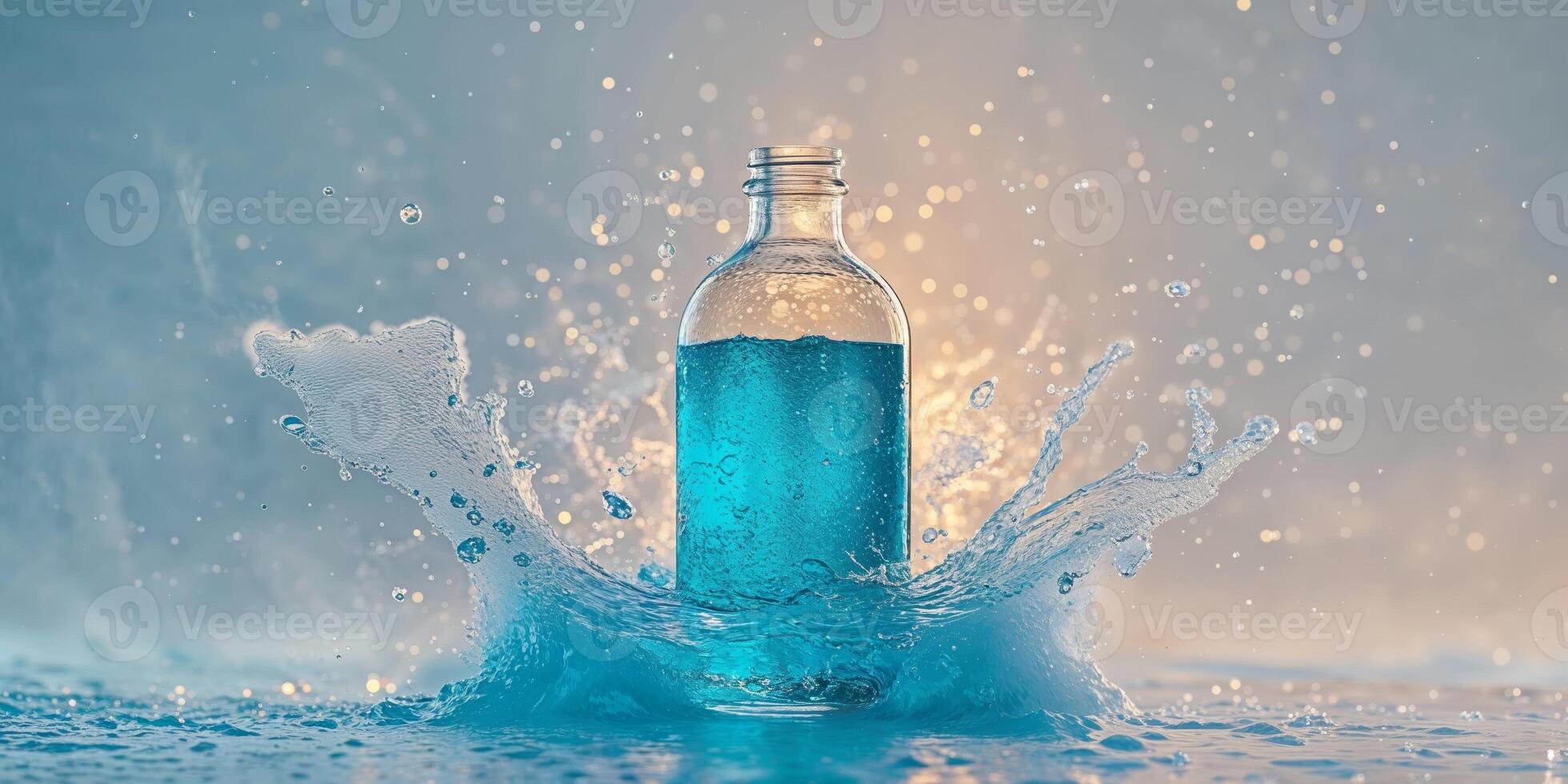A bottle of water with blue liquid splashing into the water photo