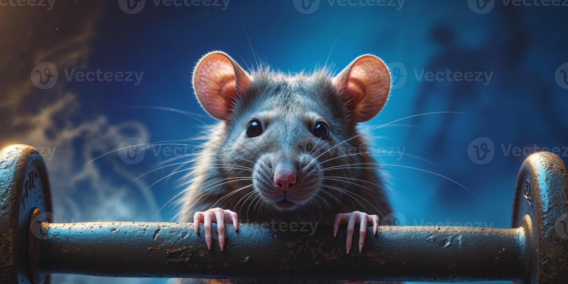 A rat peeking over the edge of a barbell photo