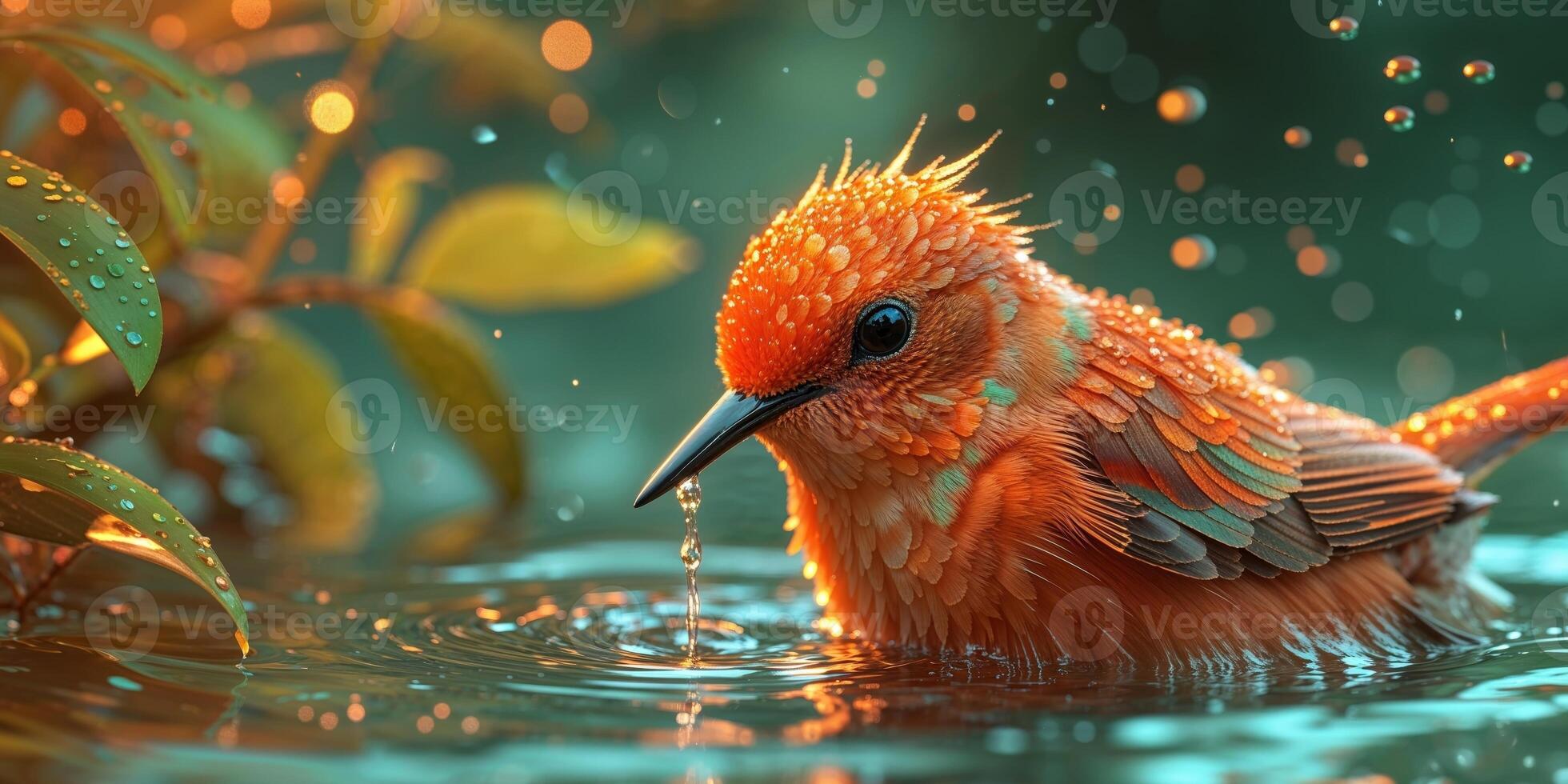 A bird is standing in the water with water droplets on its head photo