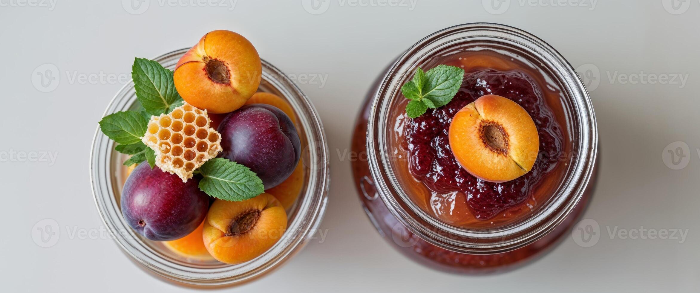 Two jars of jam with fruit and honey photo