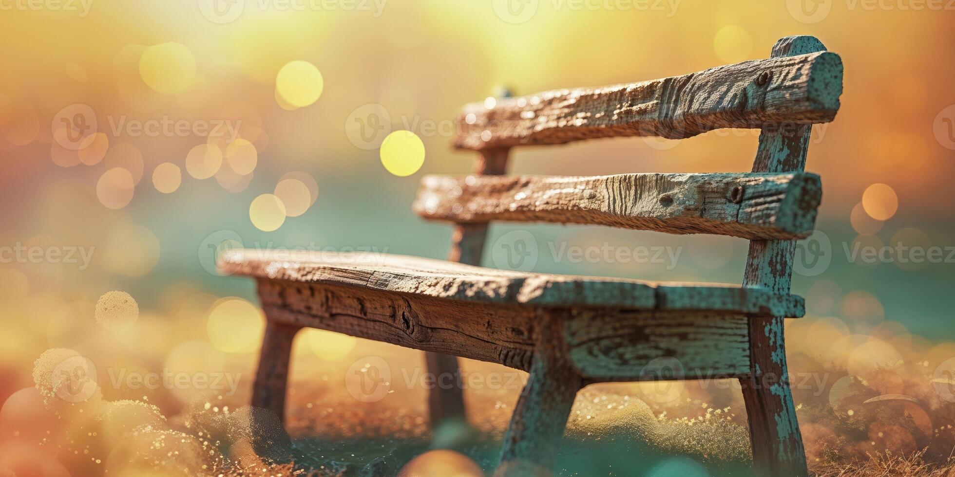 A wooden bench sitting in the middle of a field photo