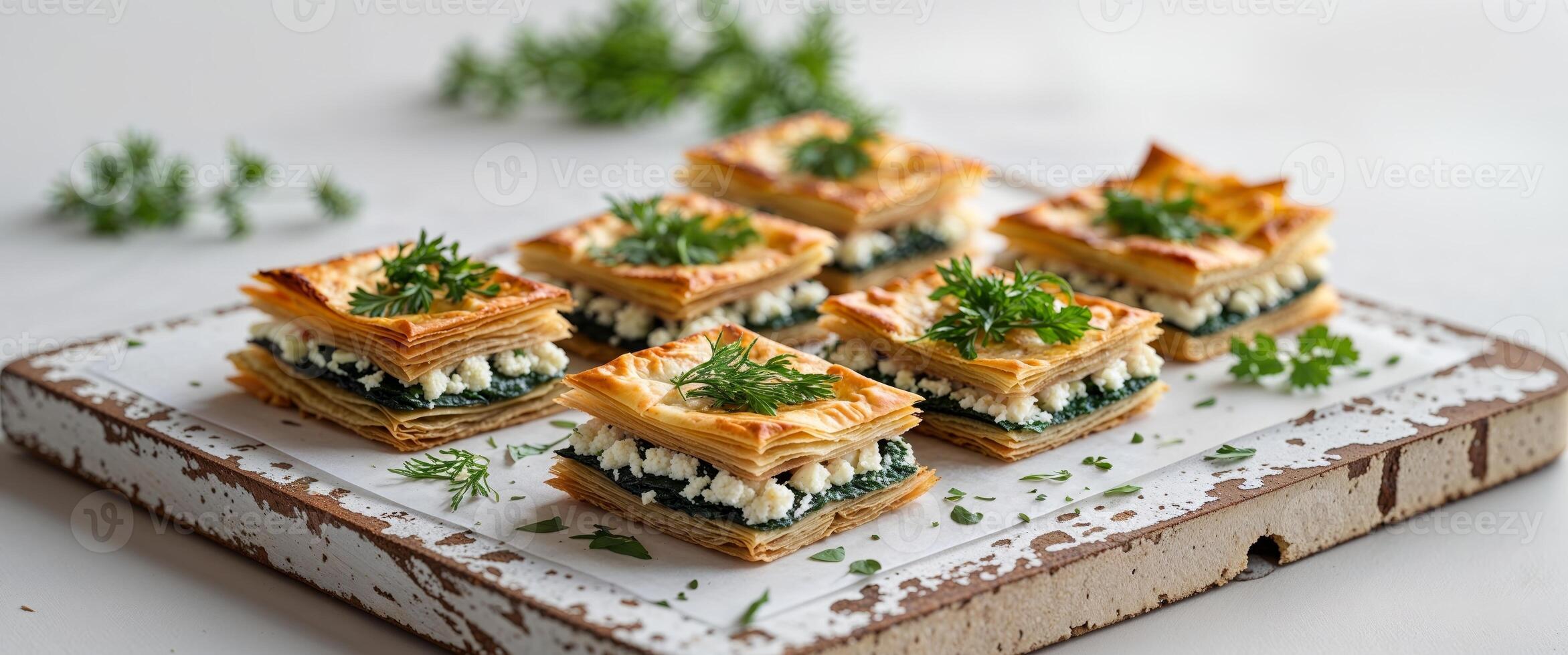 Gourmet spinach and feta stuffed phyllo pastry squares with golden crispy layers and fresh herbs garnished on rustic wooden serving board photo
